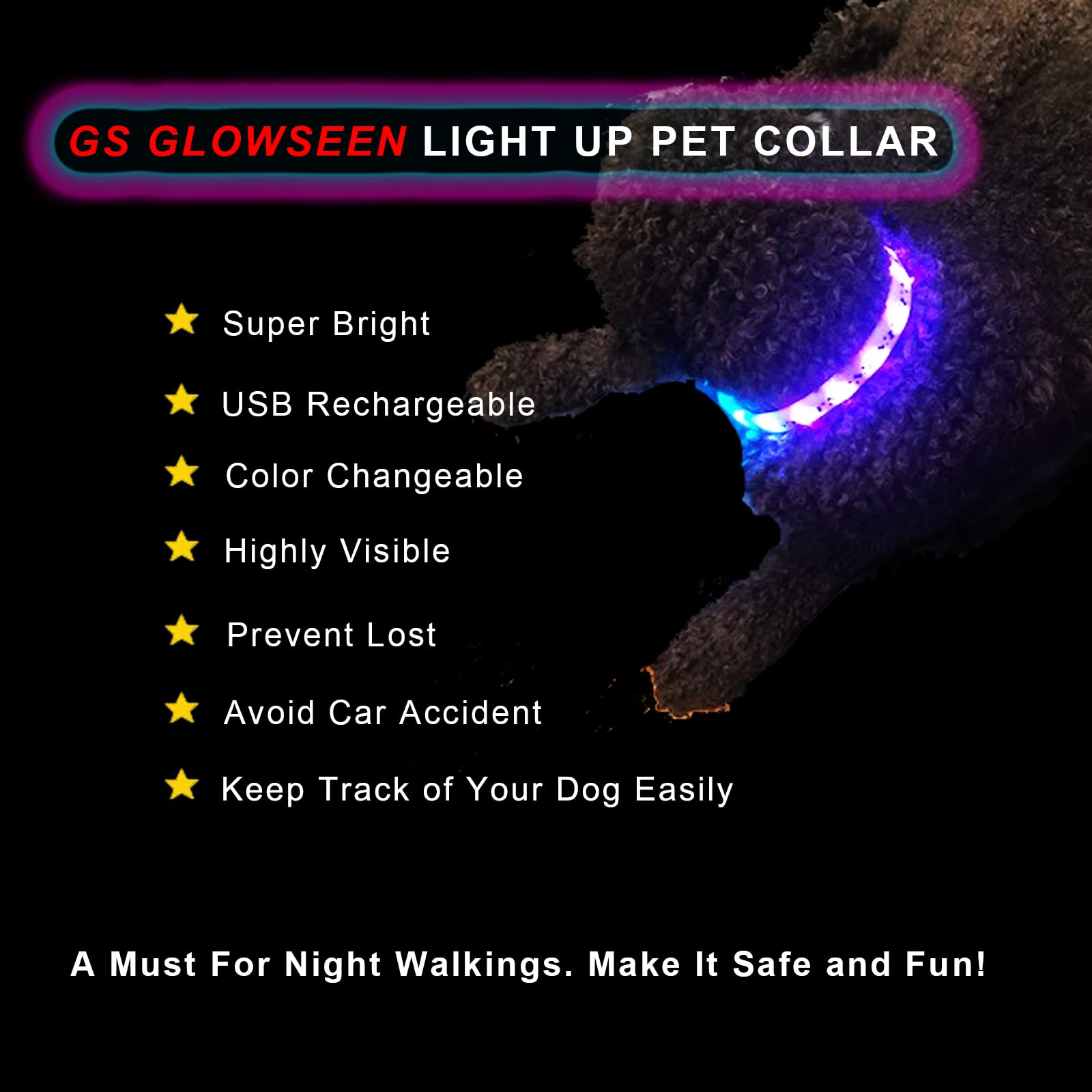 Glow in The Dark LED Dog Collar 2 Pack - USB-C Rechargeable RGB Light Up Dog Collars with Adjustable Length for Small Medium Large Dogs | Night Safety Reflective Collar for Walking Running Camping