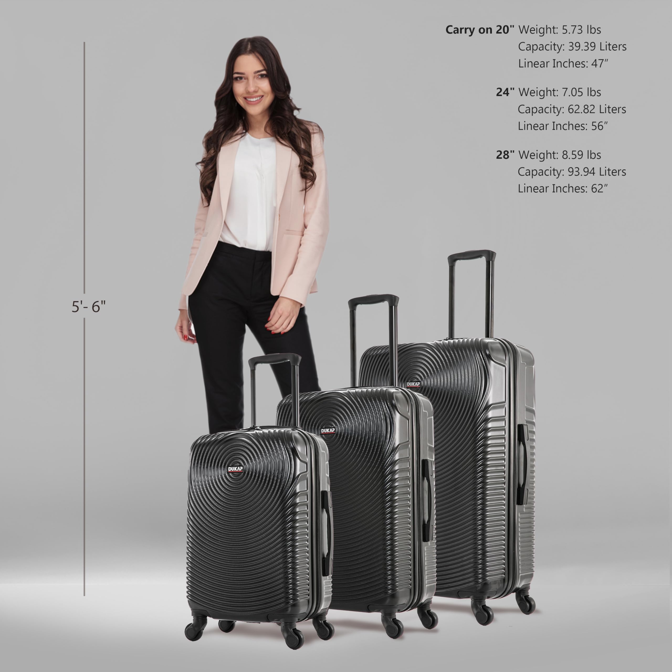 DUKAP INCEPTION 3-Piece Hardshell Luggage Set with Spinner Wheels - 20in, 24in, 28in Lightweight Durable Suitcases with Trolley Handle - Perfect for Air Travel, Business Trips & Family Vacations (Black)
