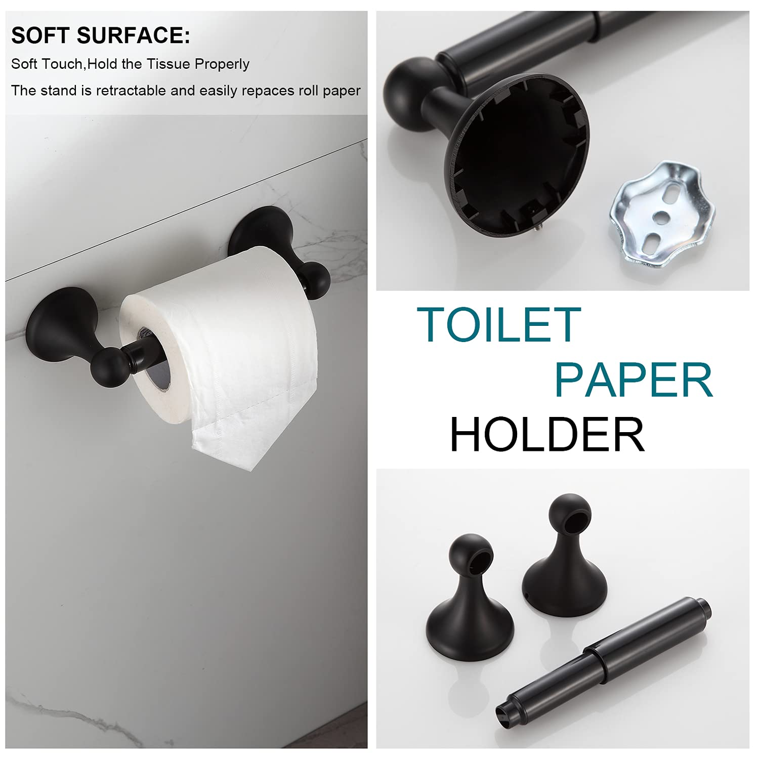 BGL Matte Black 4-Piece Bathroom Hardware Set - Adjustable Expandable Towel Bar, Wall Mounted Robe Hook, Toilet Paper Holder & Towel Ring | Modern Bathroom Accessories for Home & Hotel Decor