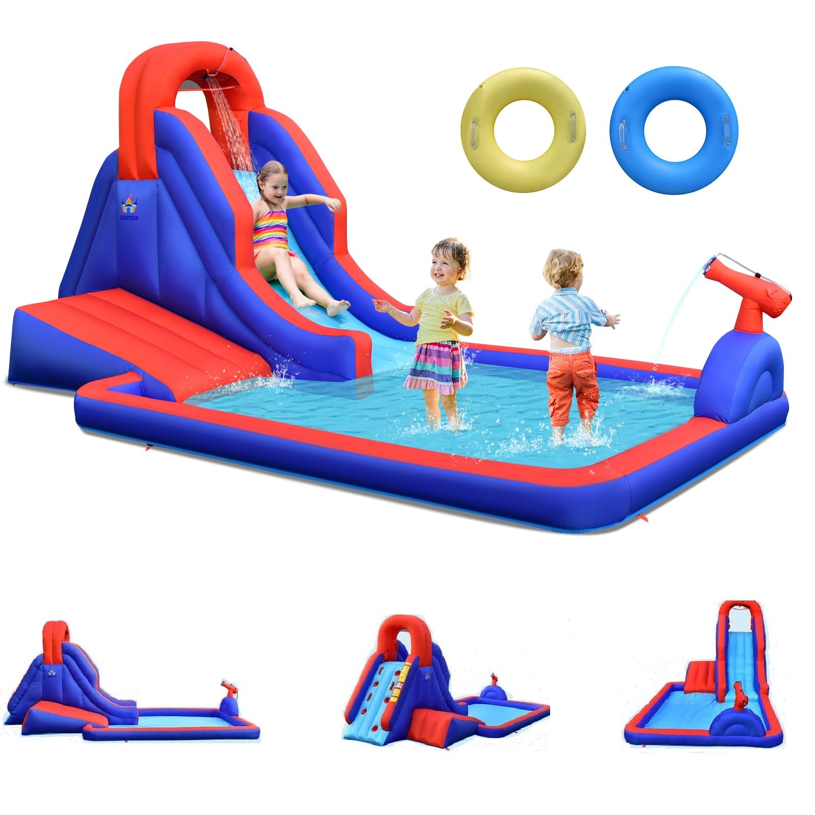 BOUNTECH Inflatable Water Slide for Kids - Outdoor Surfing Waterslide Bouncer Park with Large Splash Pool & 2 Swimming Rings - Fun Backyard Water Slides for Boys and Girls - Perfect for Summer Parties, Birthday Gifts & Outdoor Family Activities