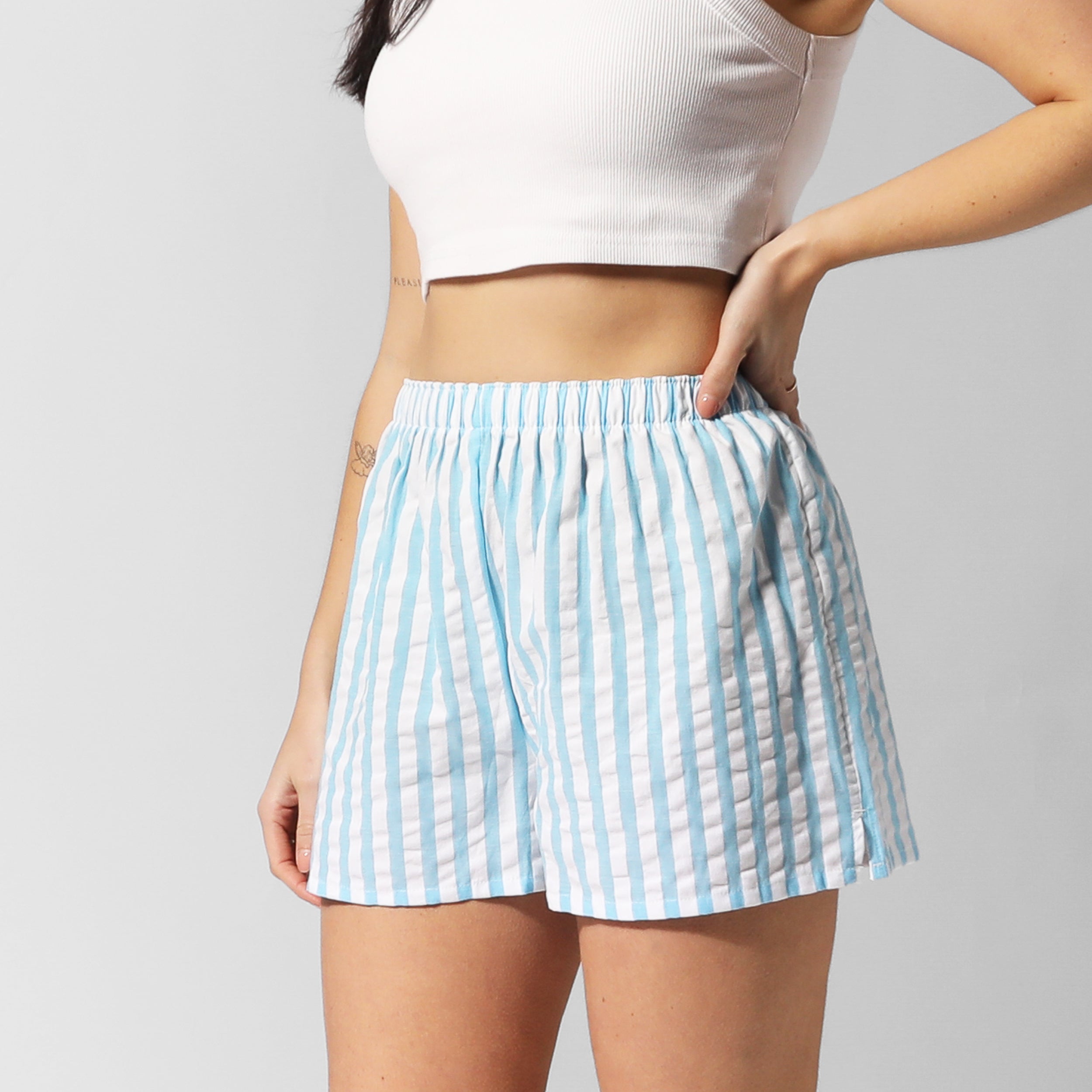Women's Seamless Cotton Boxer Shorts - Soft Breathable Seersucker Stripe Underwear for Sleep & Lounge | Blue