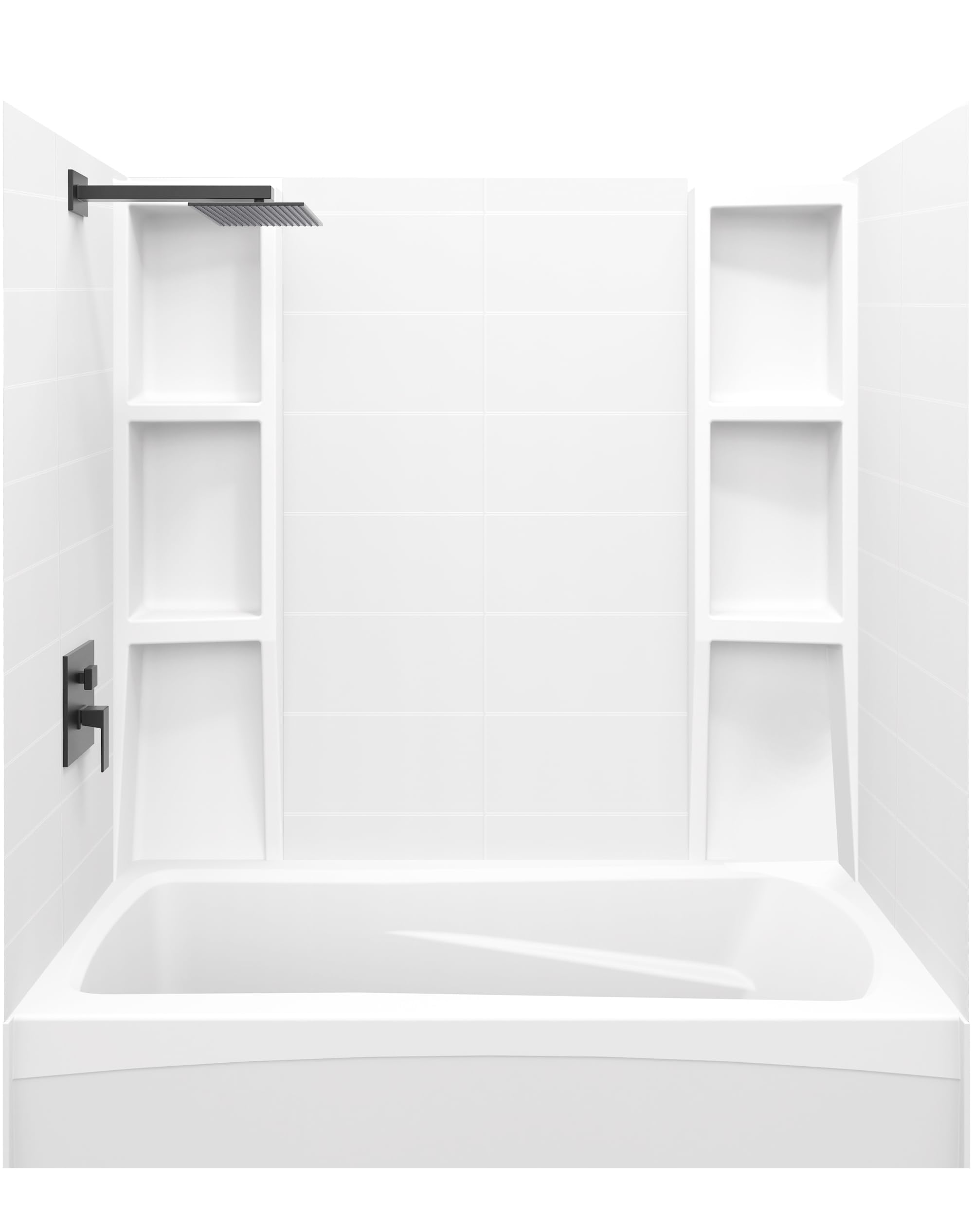White Acrylic Bathtub Wall Surround Panels - Waterproof, Easy-to-Install Kit with 2 Shelf Units (Stacked Tiles Pattern, Classic Shelves) 58