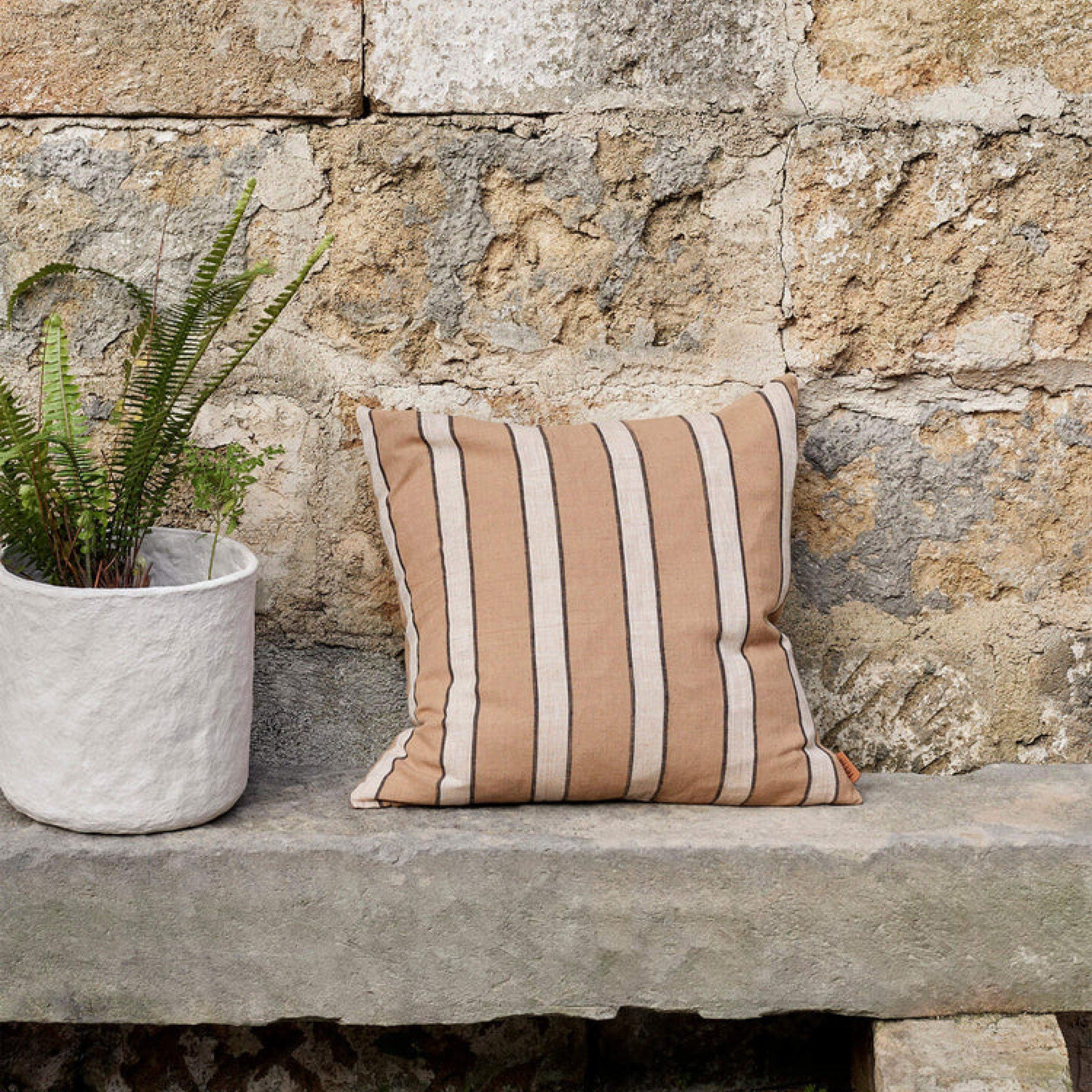 FERM LIVING Brown Cotton Cushion Cover - Striped Decorative Pillow Case 50x50cm for Sofa, Bed & Home Decor
