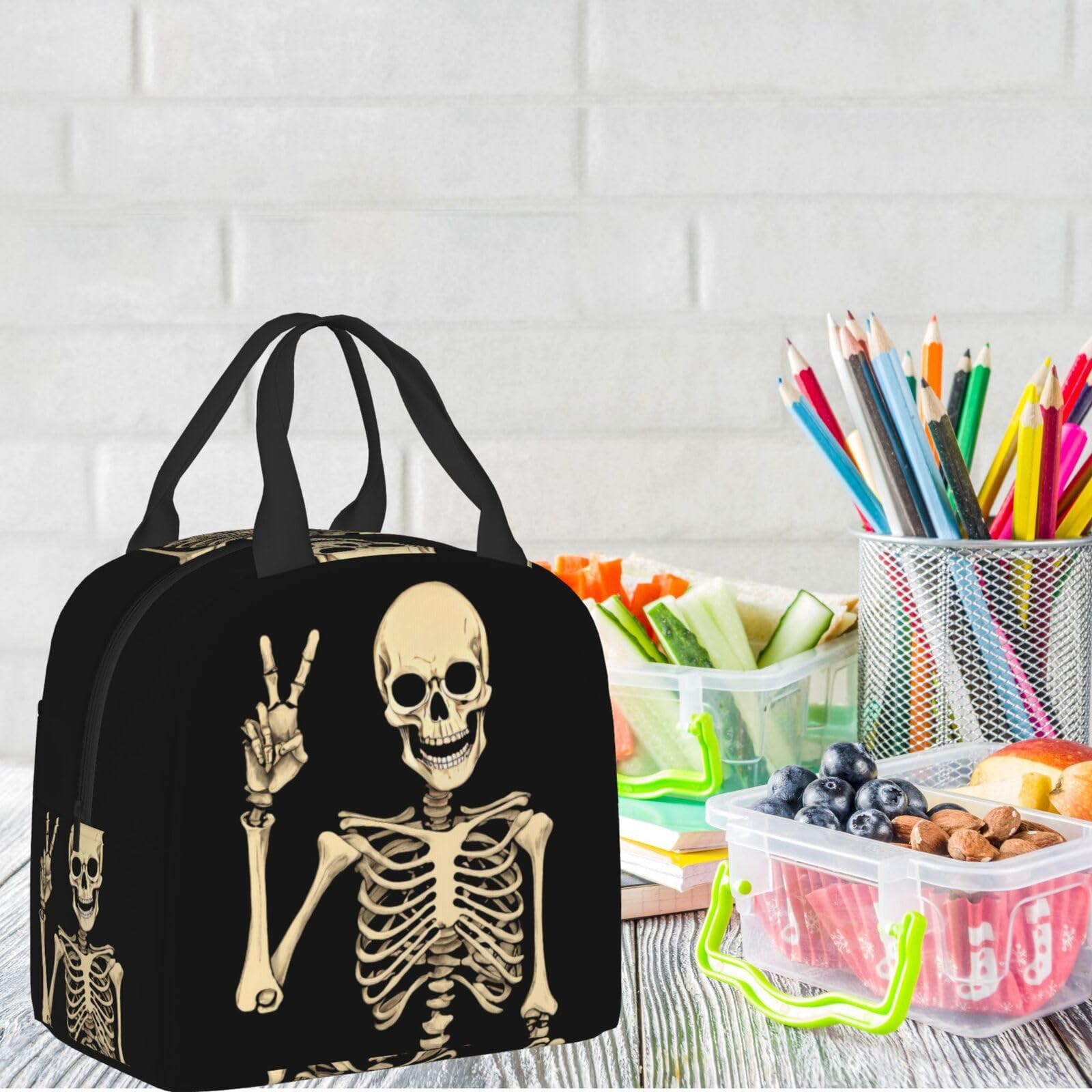 **Insulated Skeleton Bone Lunch Box - Reusable Black Lunch Tote Bag for Men & Women, Perfect for Office, Camping, Hiking, Picnic, Beach & Travel - Ideal for Work, School & Outdoor Adventures**