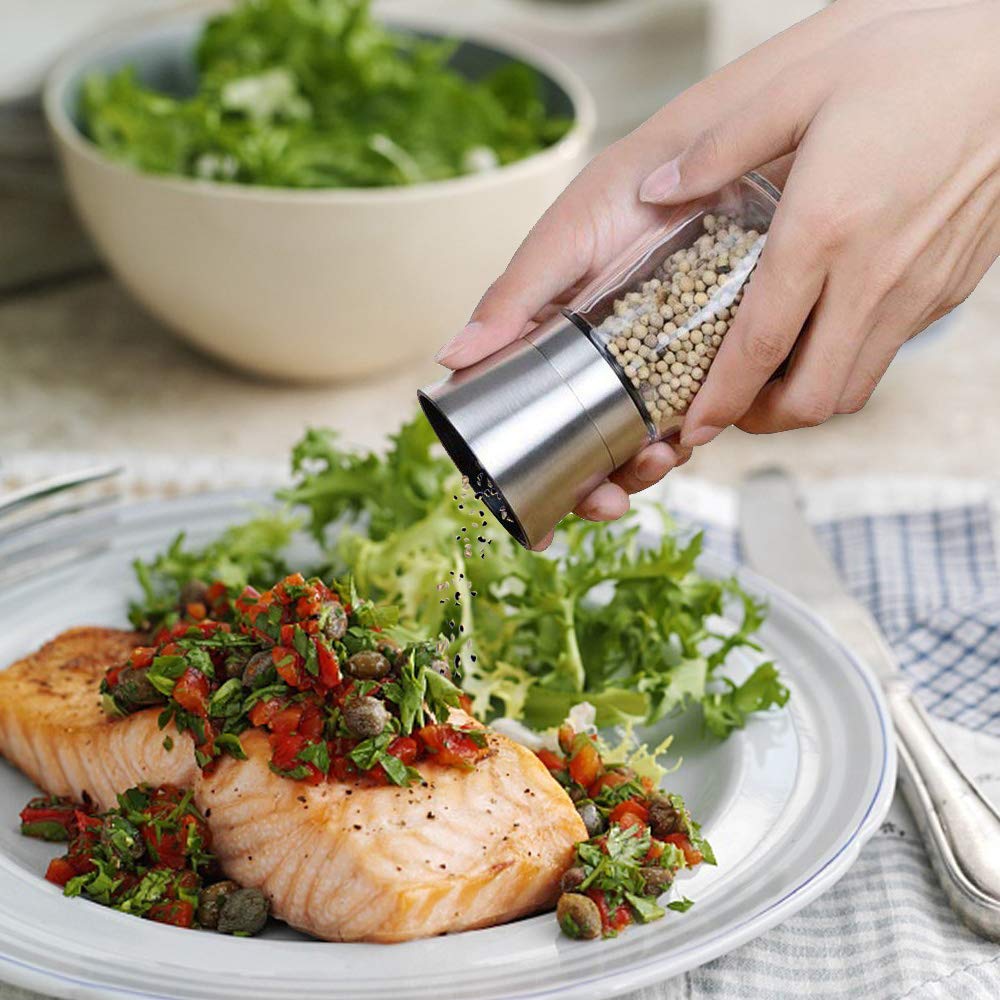 Premium Salt and Pepper Grinder Set - Adjustable Coarseness, Refillable Manual Mill with Stainless Steel Lid & Glass Body - Perfect for Home Kitchen, Dining Table, BBQ, Camping & Gifting