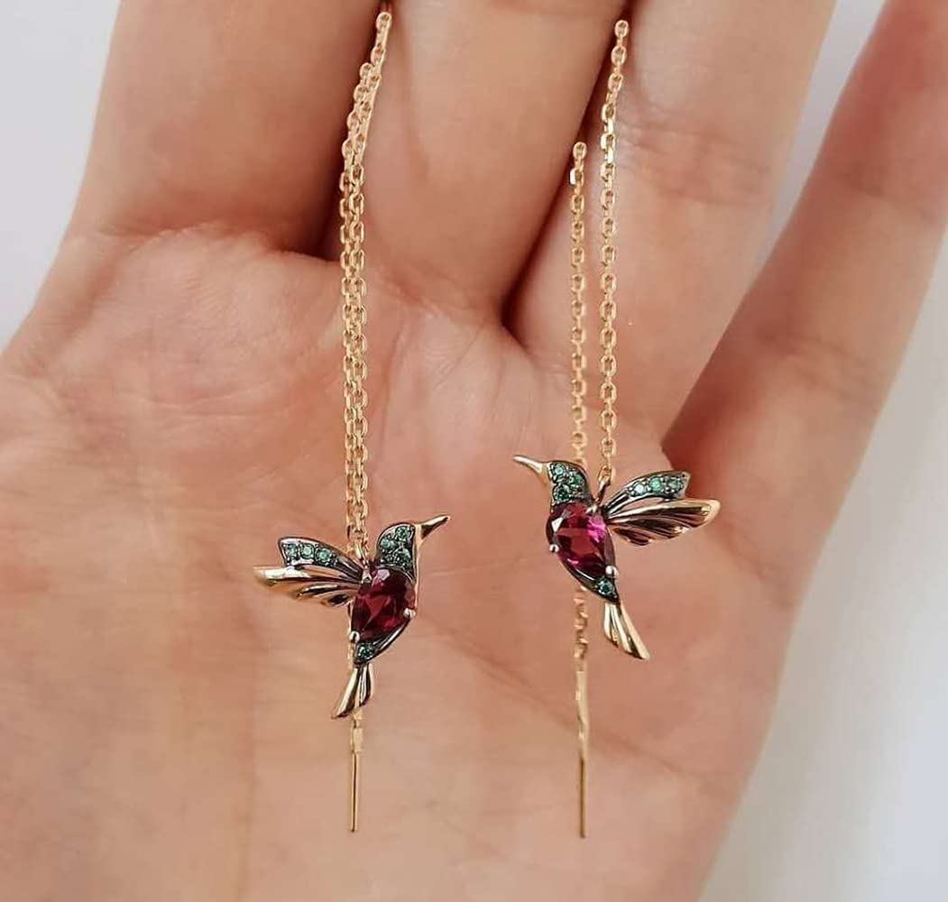 Elegant Gold Hummingbird Threader Hoop Earrings with Rhinestones - Long Chain Dangle Drop Earrings for Women | Perfect for Parties, Weddings & Special Occasions