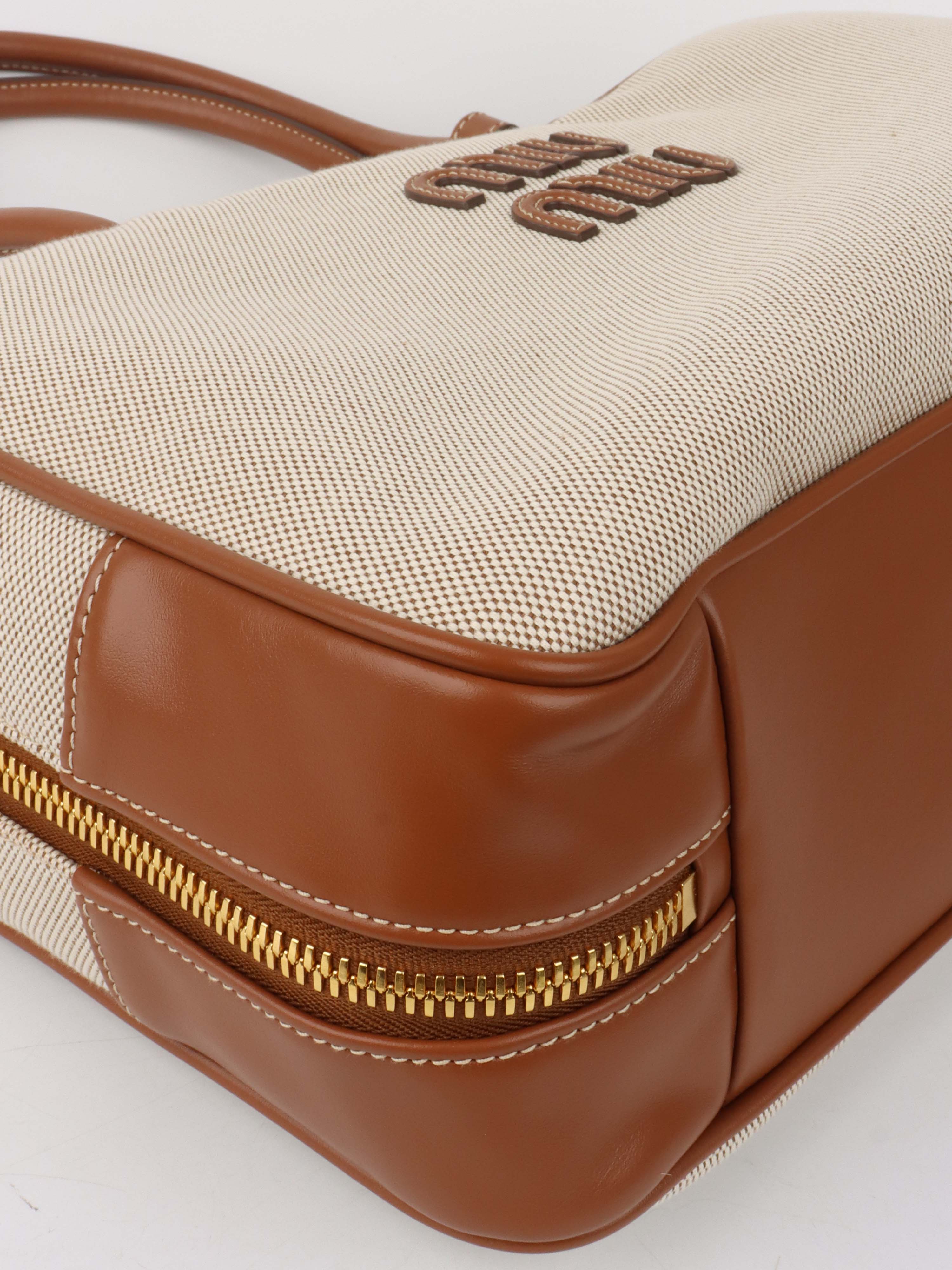 Miu Miu Beau Canvas & Leather Tote Bag for Women - Stylish Designer Handbag for Work, Travel & Everyday Use