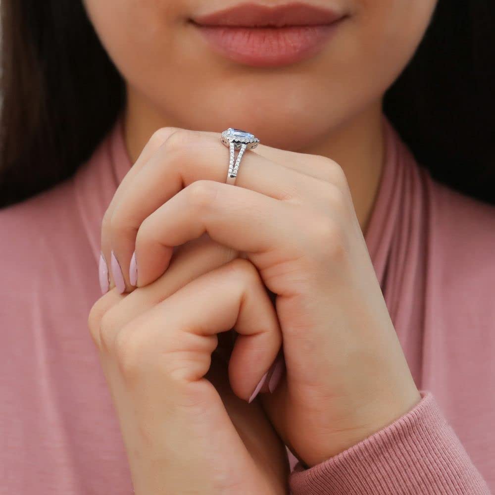 Sterling Silver Blue Pear Cut Cubic Zirconia Halo Engagement Ring Set for Women - Rhodium Plated Wedding Band, Size 4-10 - Perfect for Proposals, Anniversaries & Bridal Jewelry