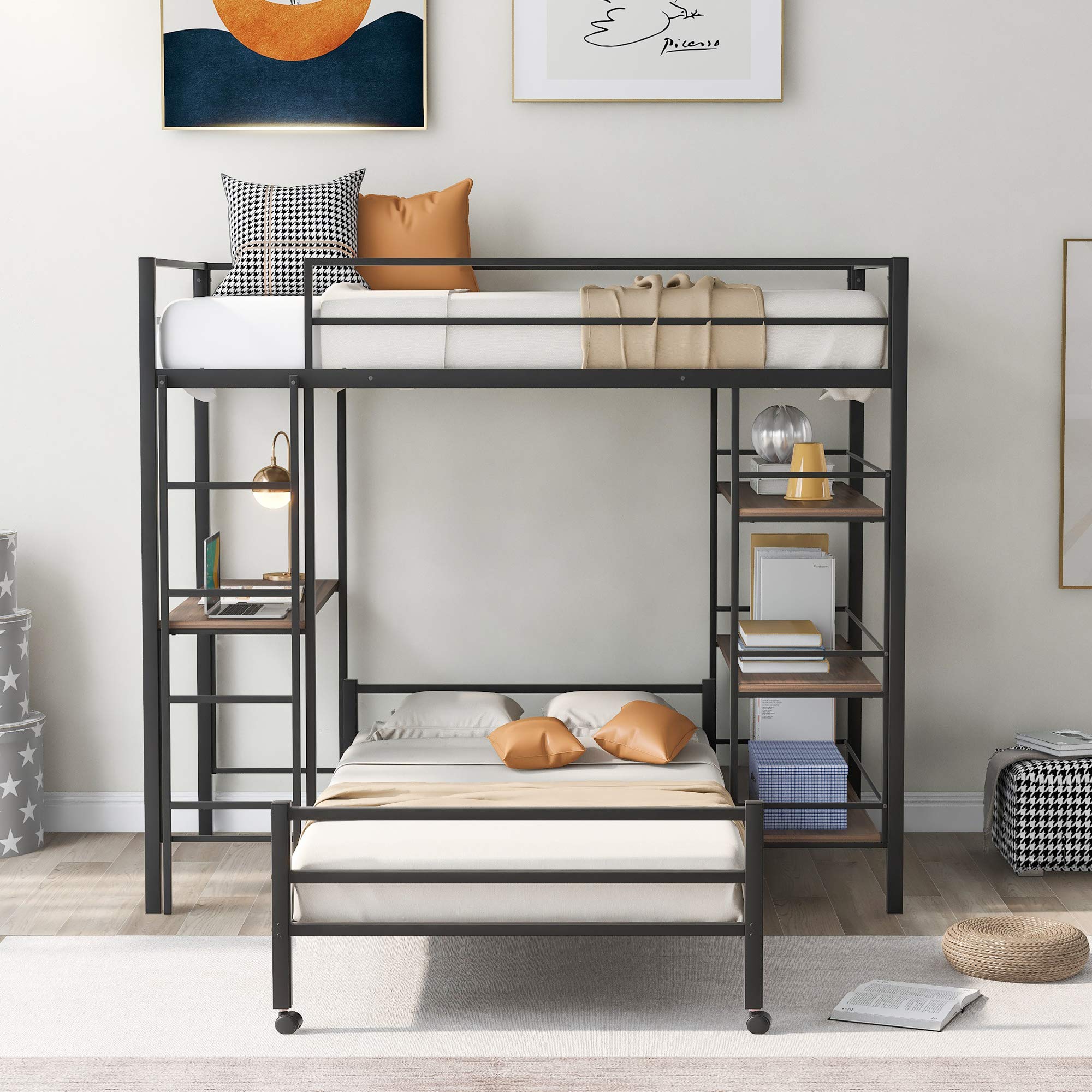 Kteam Twin Over Twin Bunk Bed with Shelves - Sturdy Metal Loft Bed & Convertible Platform Bed for Teens & Kids - Space-Saving Bedroom Furniture for Small Rooms & Dormitories (Black)