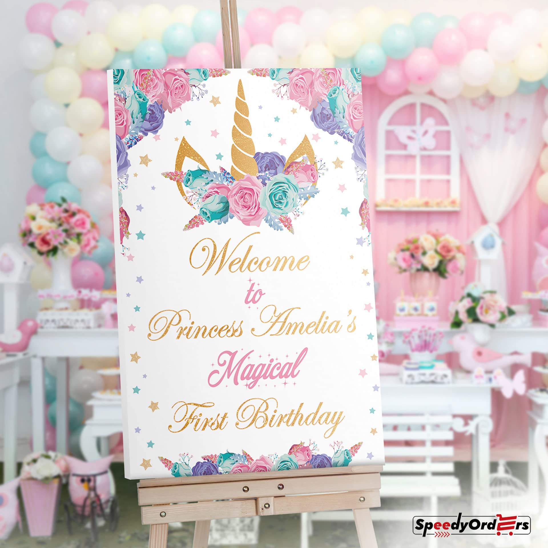 Magical Rainbow Unicorn Birthday Welcome Sign - Floral Unicorn Theme Party Decor - Perfect for Girls' Birthday Celebrations, Baby Showers & Fantasy Themed Events