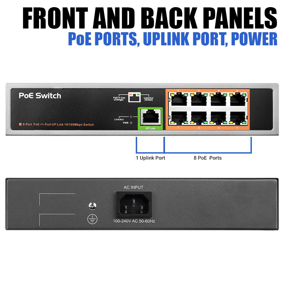 BV-Tech 8 Port PoE Unmanaged Switch with 1 Ethernet Uplink - 150W Power - 802.3af Compliant - POE-SW801 - Ideal for Home Office & Small Business Networks