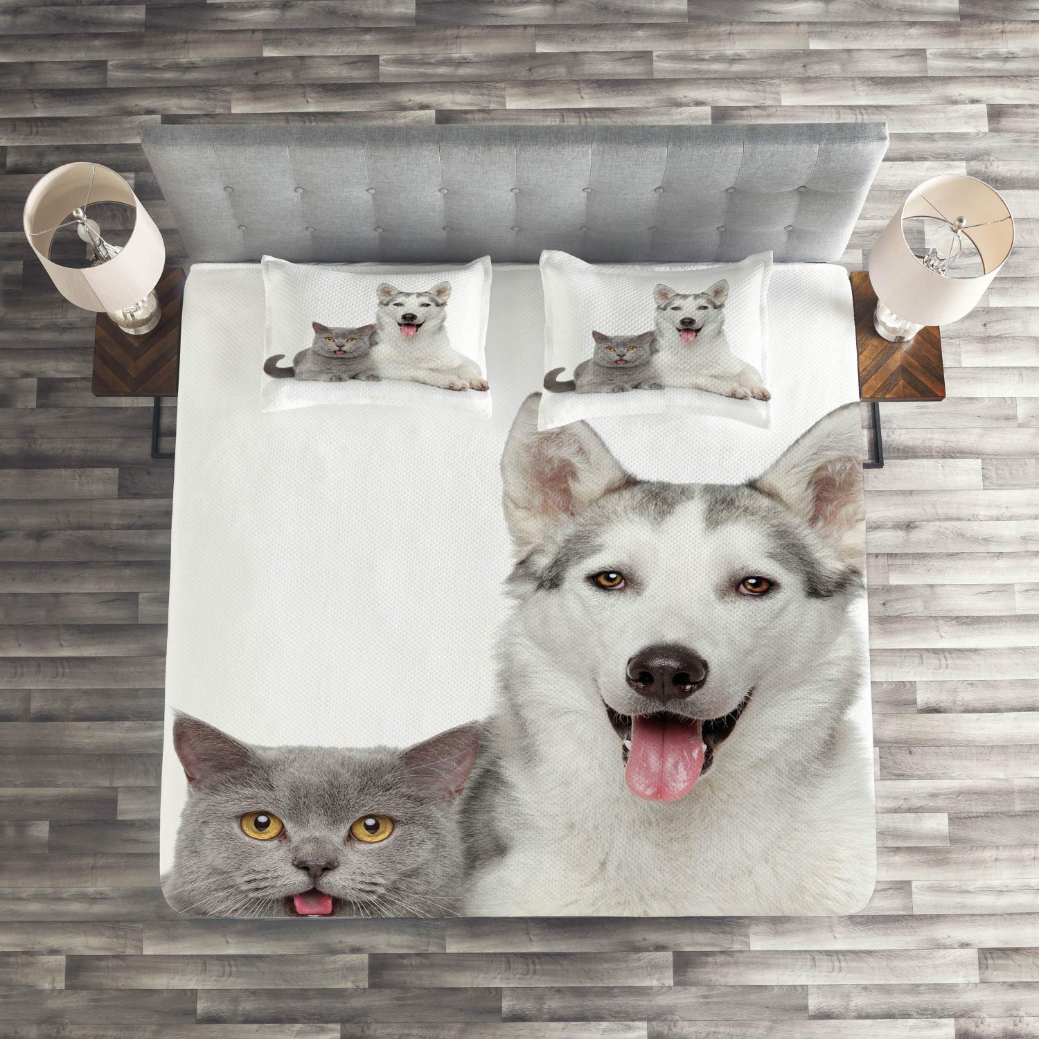 Ambesonne King Size 3-Piece Quilted Bedspread Set with 2 Pillow Shams - Grey & White Cat & Dog Animal Print Design - Soft Decorative Coverlet for Master Bedroom, Guest Room, or Dorm