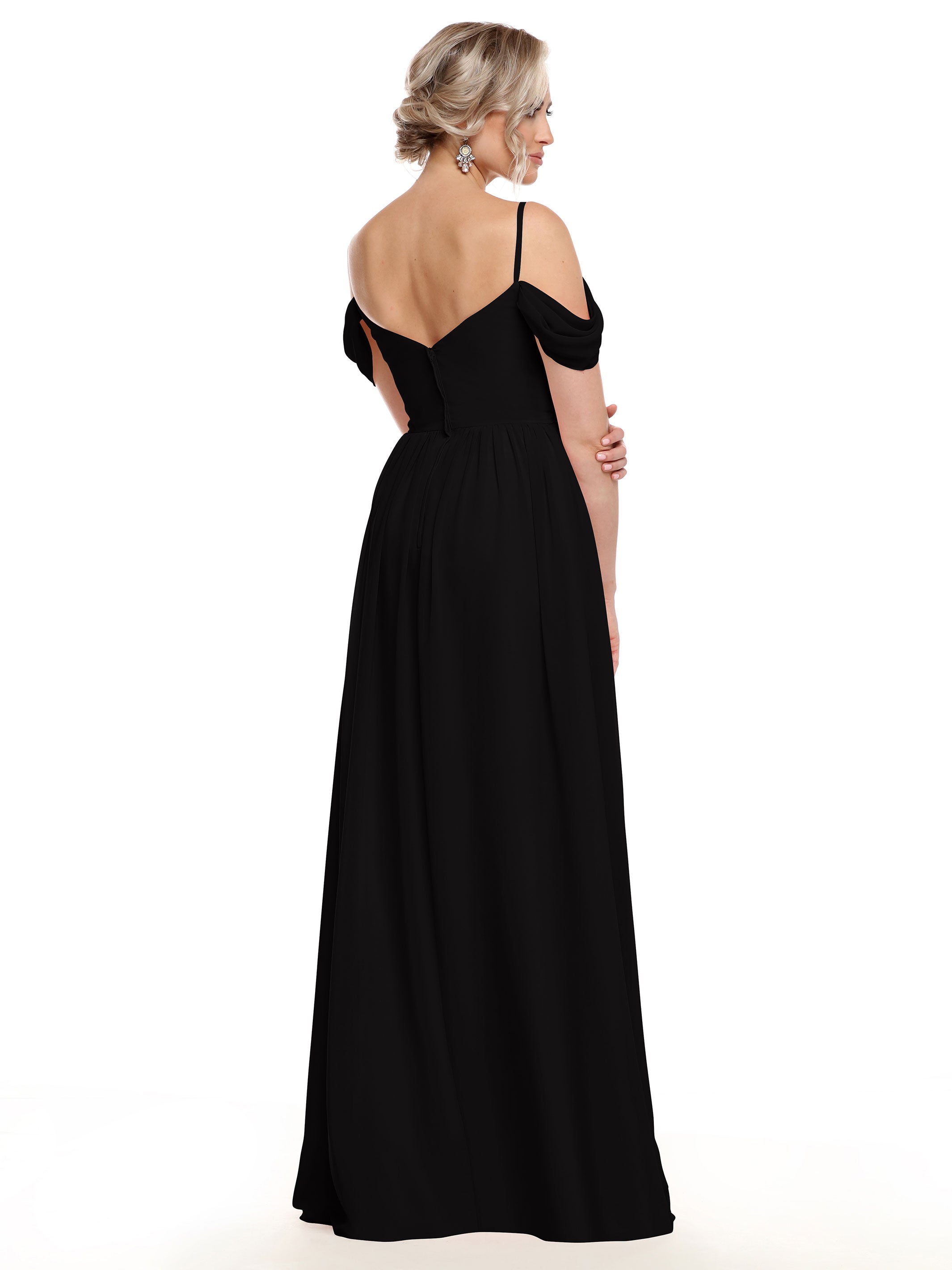 Elegant Off-the-Shoulder Chiffon Bridesmaid Dress with Spaghetti Straps - Flowy A-Line Formal Gown for Weddings, Parties & Special Occasions