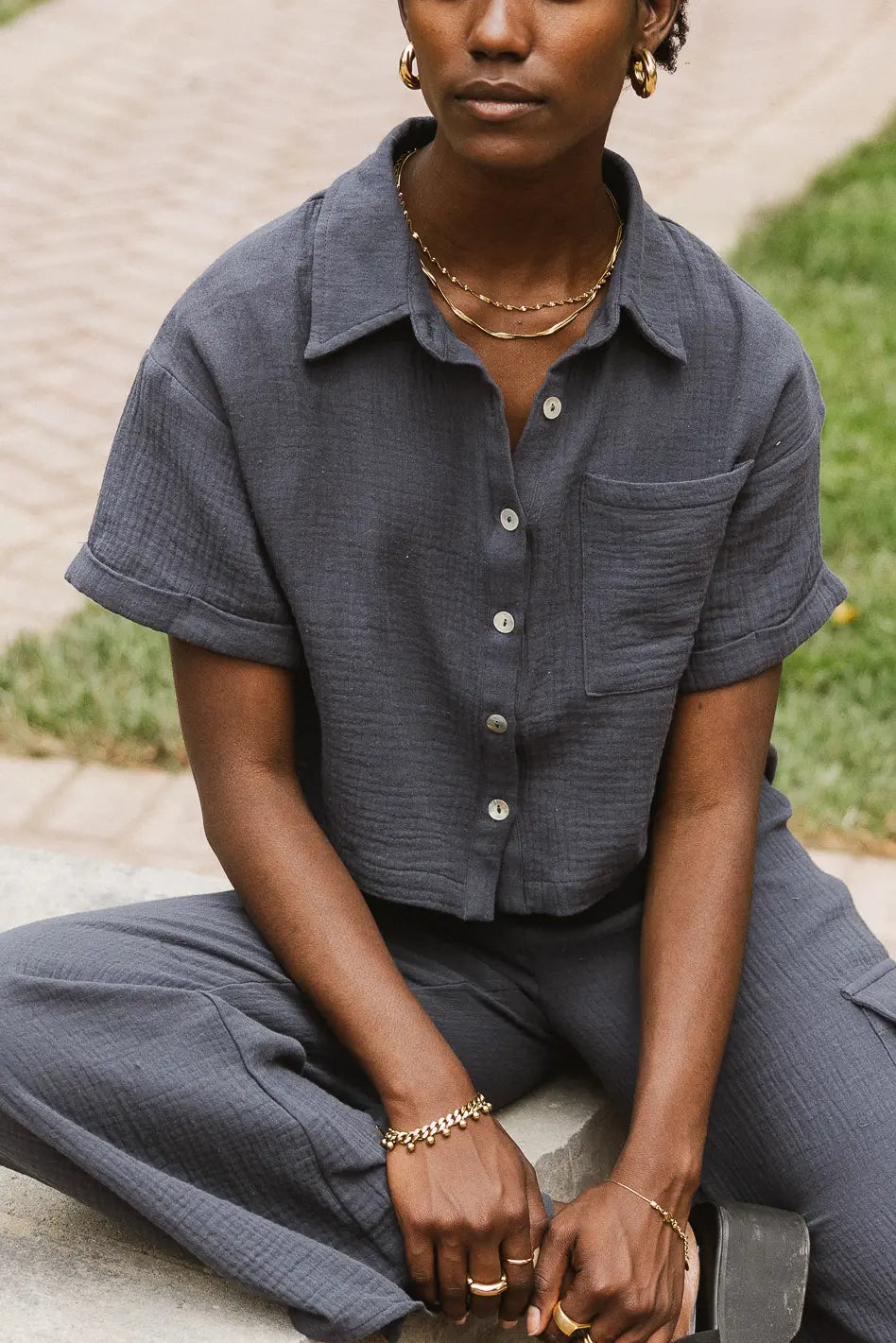 Benji Cotton Gauze Top for Women - Soft & Breathable Slate Blue Blouse - Perfect for Summer, Beach, and Casual Outings - FINAL SALE