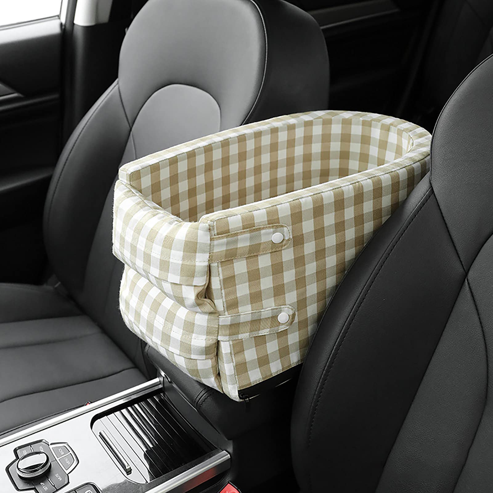 Dog Car Seat for Small Dogs & Cats - Removable Washable Pet Kennel Console Box with Safety Harness, Perfect for SUV & Sedan Middle Armrest - Khaki Canvas (Ideal for Travel, Road Trips & Daily Commutes)