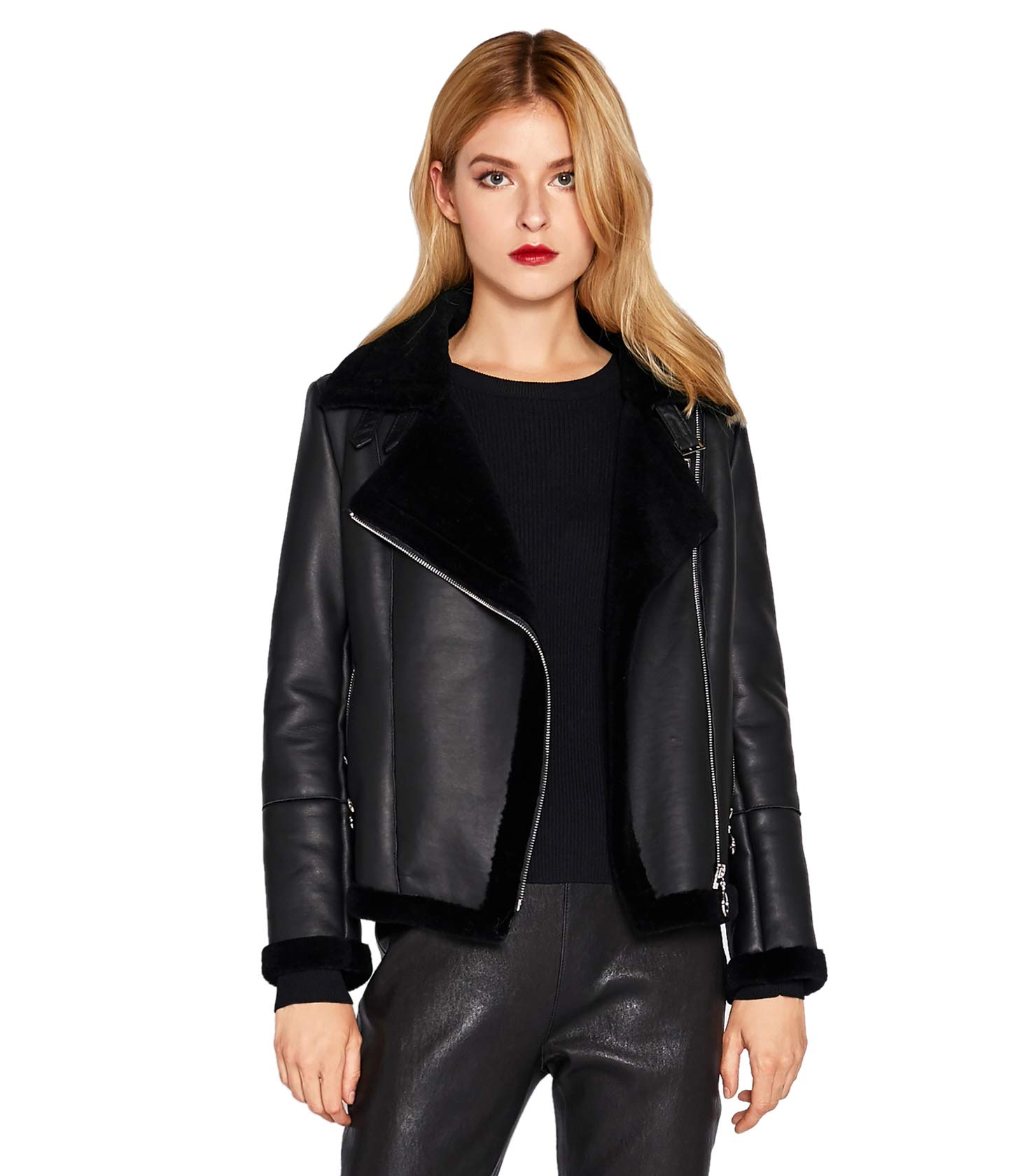 Genuine Lambskin Leather Jacket for Women - Soft Lamb Shearling Zip-Up Short Motorcycle Jacket - Perfect for Riding, Casual Outfits & Winter Fashion