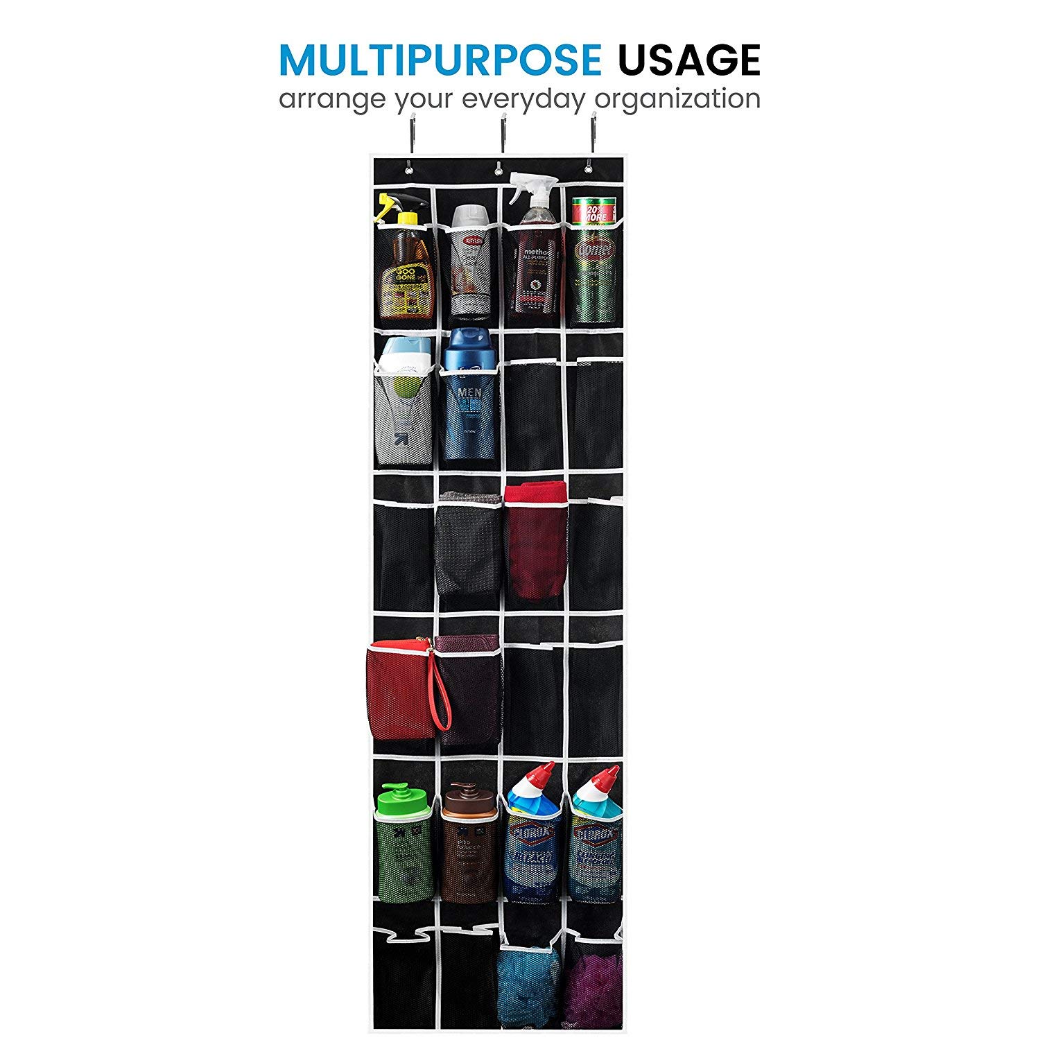 ZOBER Over the Door Shoe Organizer - 24 Pocket Hanging Shoe Rack with Mesh Pockets for Shoes, Towels, Snacks & Toys - Space Saving Closet & Pantry Storage Solution for Home, Dorm & Office Organization