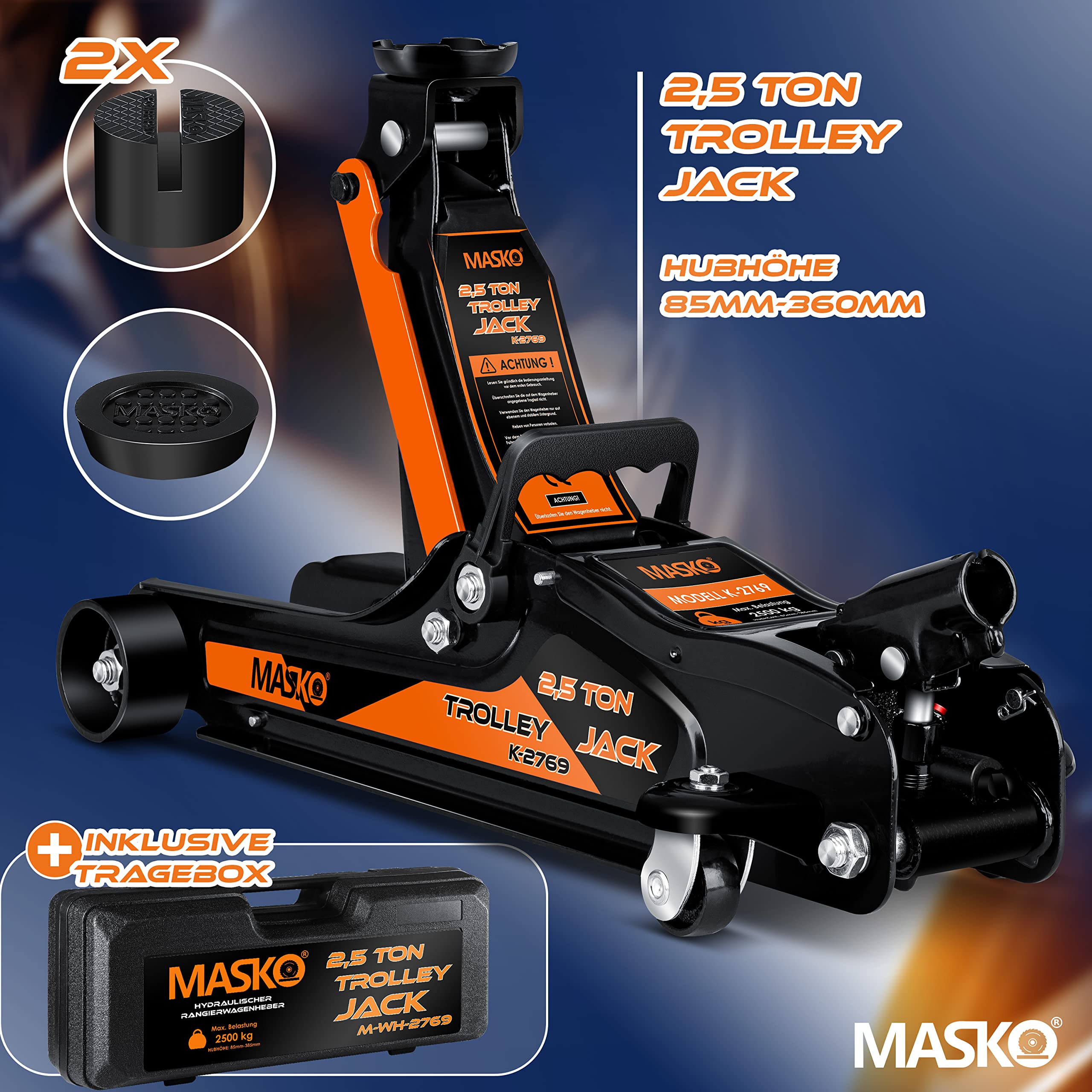 MASKO® 2.5 Ton Hydraulic Floor Jack with Case - 85-360mm Lift Height, Includes 3X Rubber Pads & Gloves - 360° Swivel Wheels Car Jack for Vehicle Maintenance, Tire Change, Garage Use