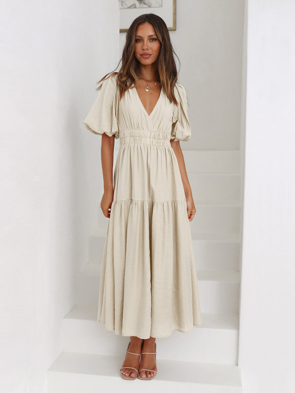 Elegant Women's Maxi Dress with Puff Sleeves - Flowy Summer Dress for Beach, Wedding & Party Occasions