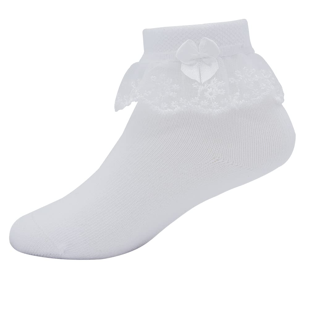 Girls Ruffle Ankle Socks - White Cotton School Socks with Lace Trim & Bows for Kids Ages 3-16 | Cute Everyday Wear for School, Parties & Special Occasions