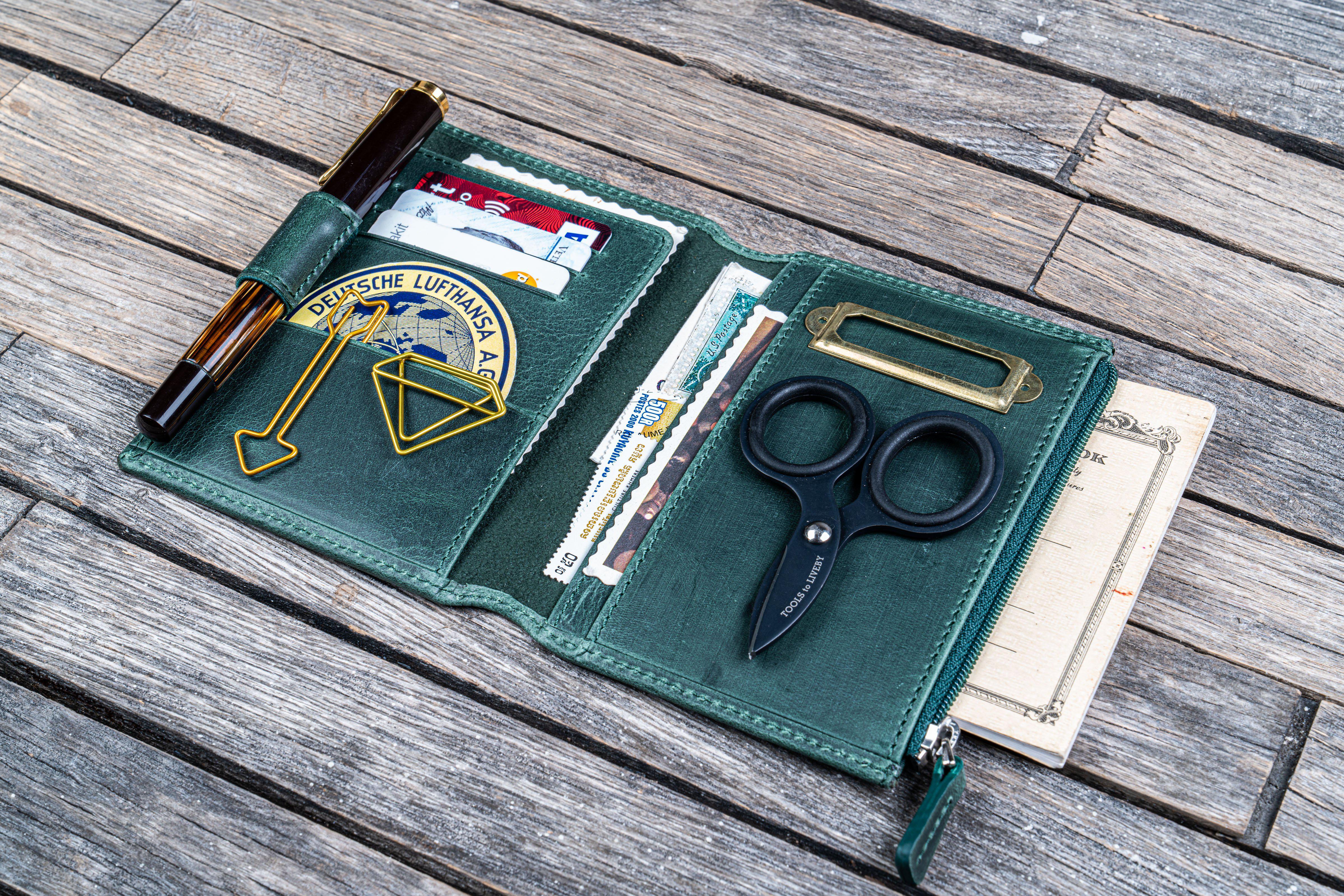 Premium Leather Wallet Insert for Traveler's Notebook - Passport Size Organizer in Crazy Horse Forest Green | Perfect for Travel, Business & Everyday Use