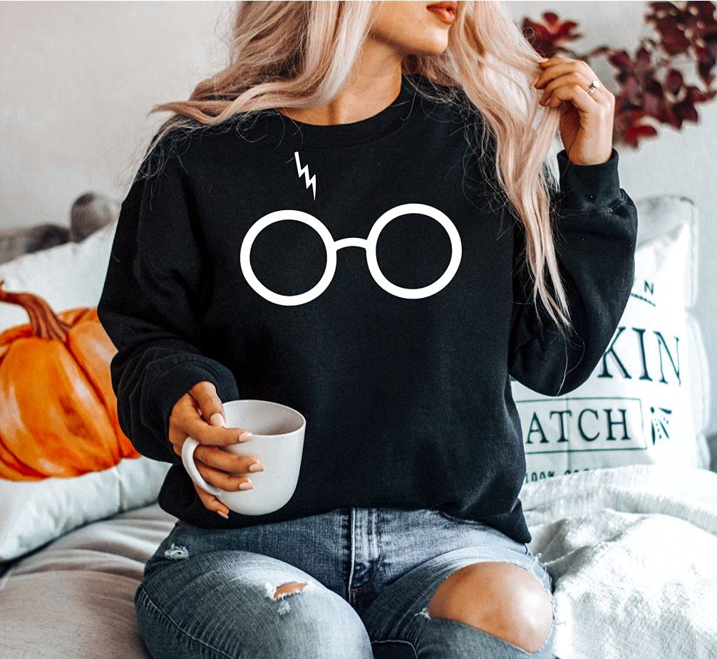 Stylish Unisex Wizard Glasses & Bolt Print Crewneck Sweatshirt | Trendy Graphic Hoodie for Cosplay, Halloween & Casual Wear