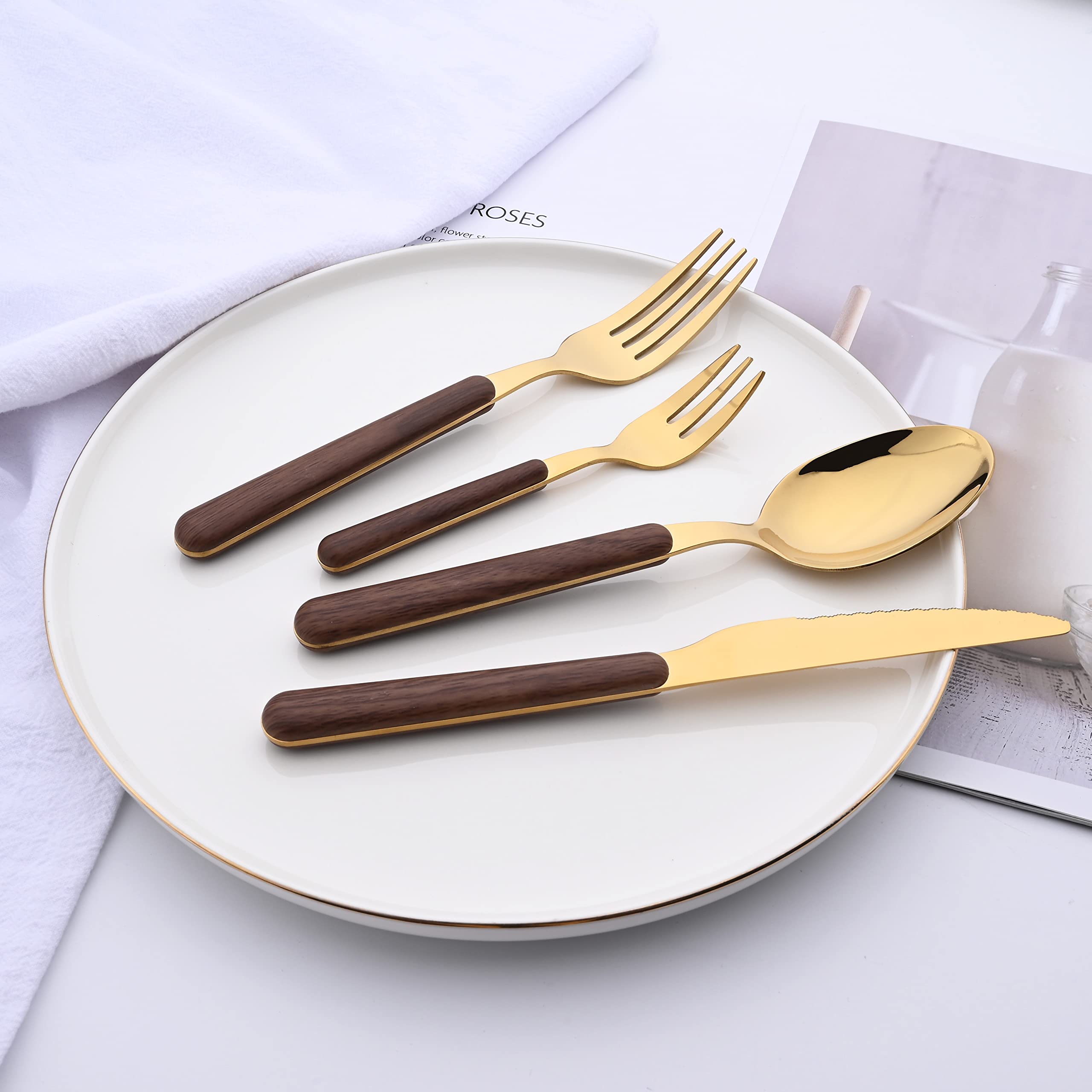 5-Piece Stainless Steel Silverware Set with Faux Wooden Handle - Retro Style Flatware Cutlery Set for Home & Restaurant - Mirror Polished Brown Gold Utensils - Perfect for Dinner Parties, Wedding Gifts & Fine Dining