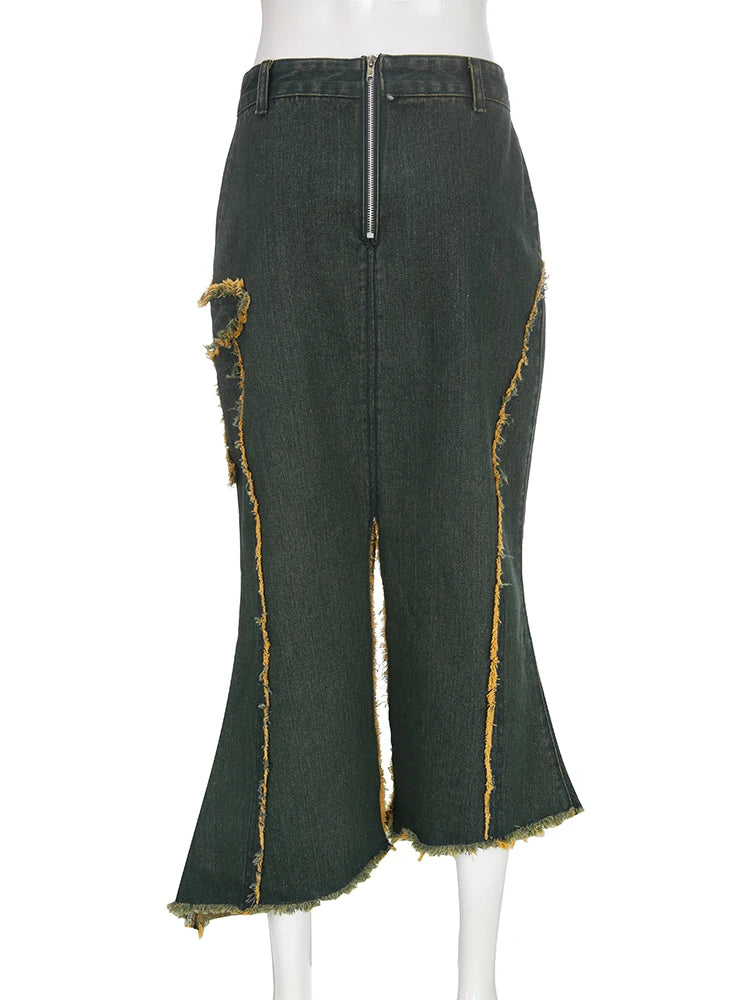 Vintage Asymmetrical Low Waist Denim Skirt for Women - Y2K Aesthetic Star Stitch Detail with Tassel Trim | Perfect for Casual Outfits, Streetwear & Retro Fashion Looks