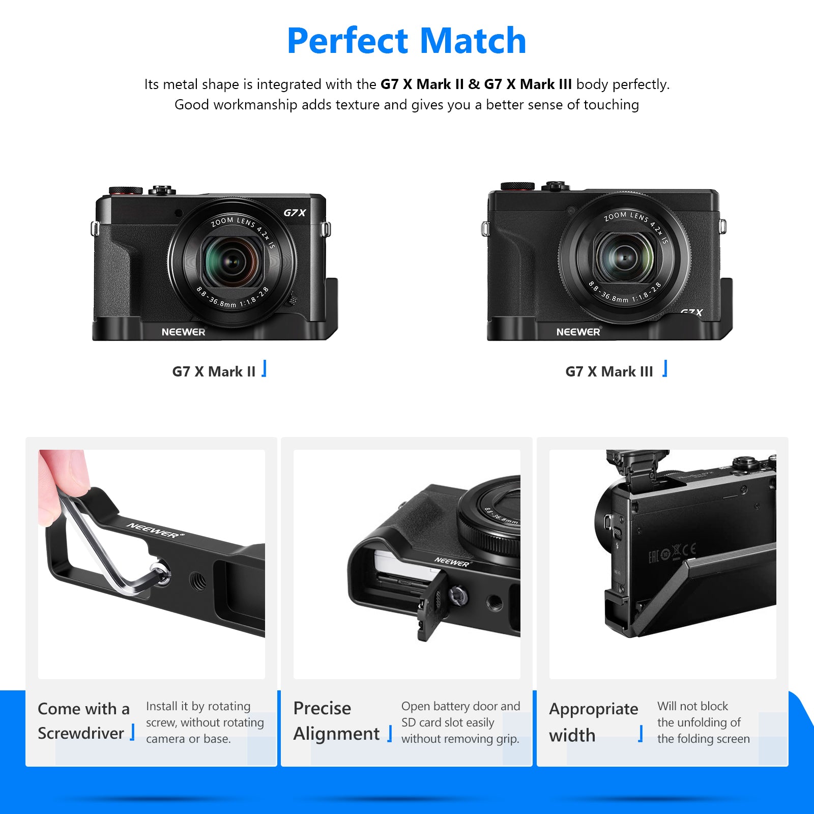 NEEWER Metal Hand Grip Bracket for Canon G7X Mark II & Mark III - Compatible with Canon PowerShot G7X II & III Cameras - Perfect for Vlogging, Photography, and Travel Shooting