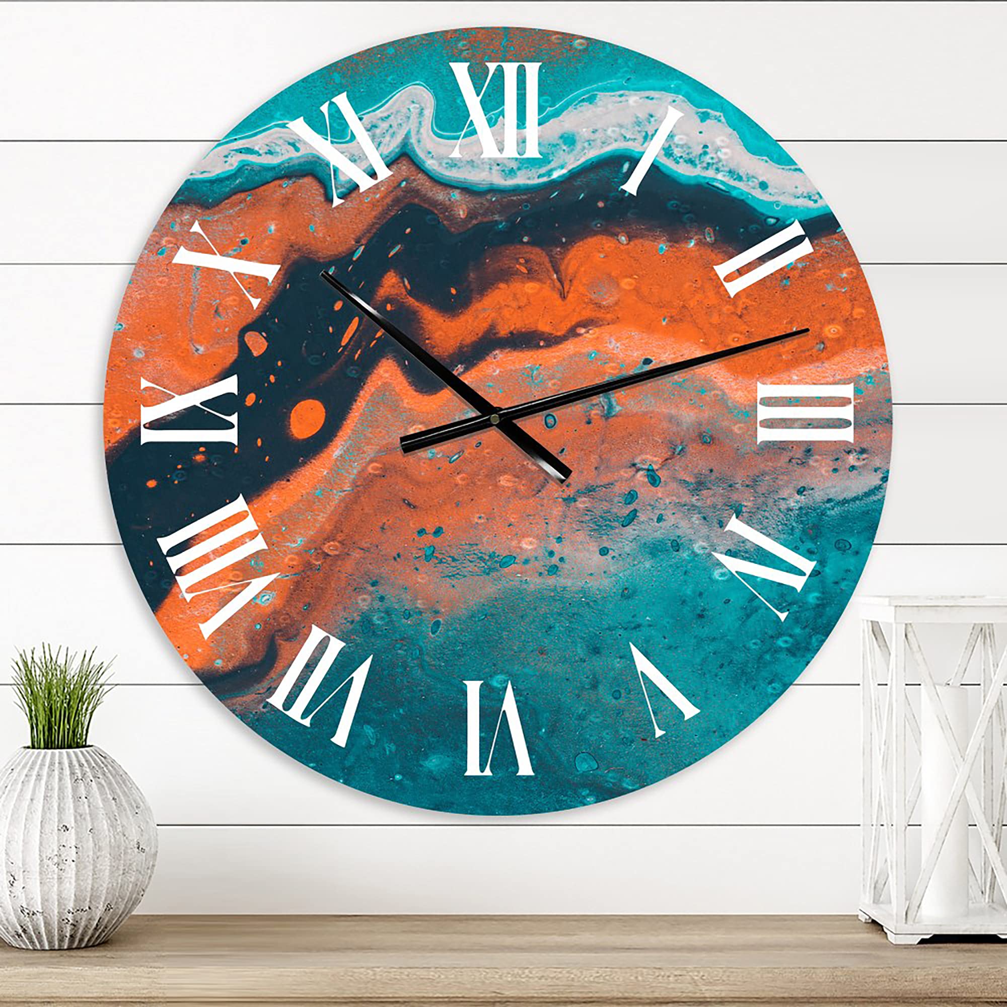 Abstract Marble Wall Clock - Modern Blue & Orange Fractal Design for Home & Office Decor | Large Contemporary Wall Art for Living Room, Bedroom, or Workspace