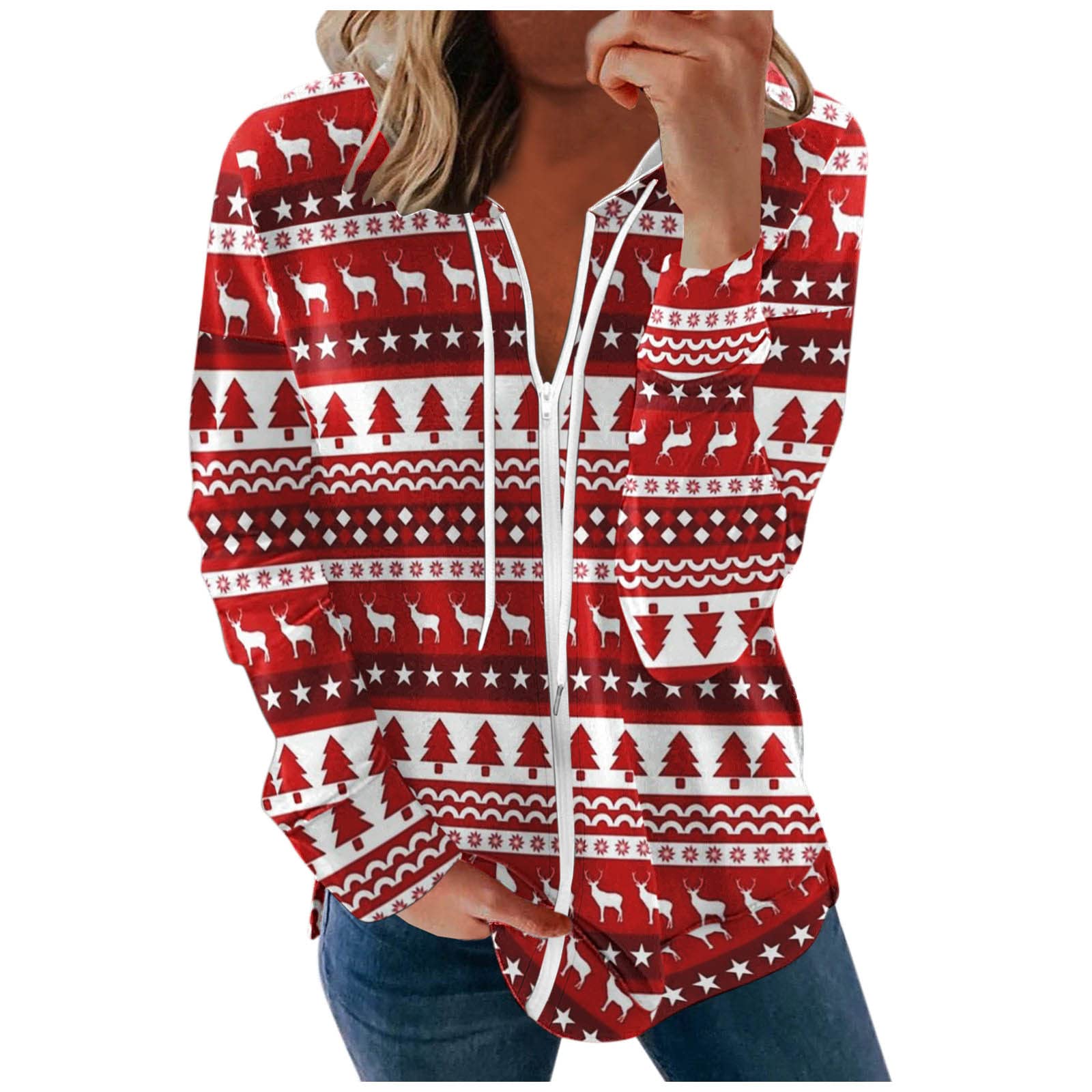 Women's Christmas Print Fleece-Lined Hooded Leather Jacket with Pockets - Cozy Winter Coat for Casual Outings & Holiday Parties