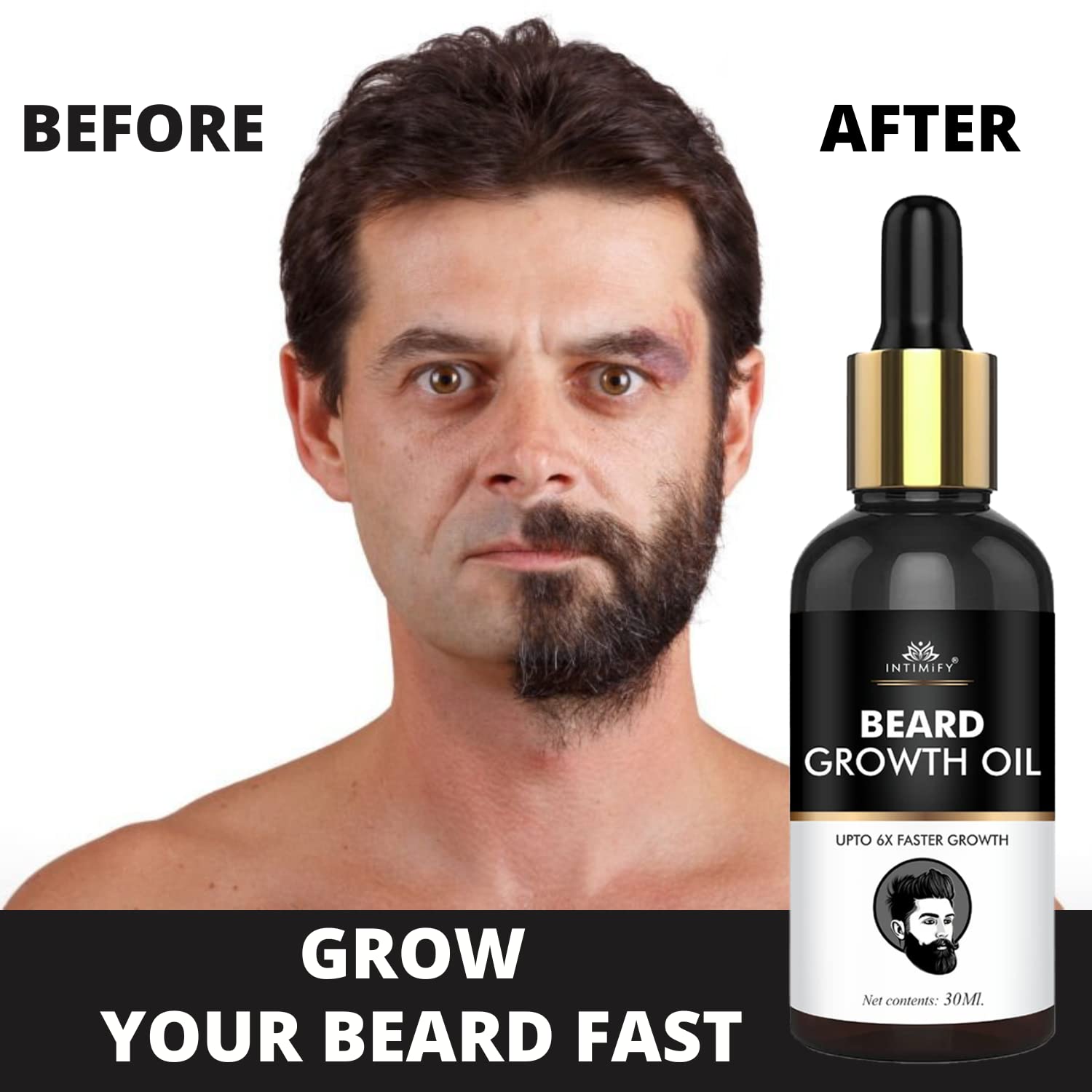 INTIMIFY Beard Growth Oil for Men - Natural Mustache & Beard Enhancer with Almond, Avocado, Argan & Jojoba Oils (30ml) - Promotes Thicker, Fuller Facial Hair Growth - Perfect for Daily Grooming & Styling Routine