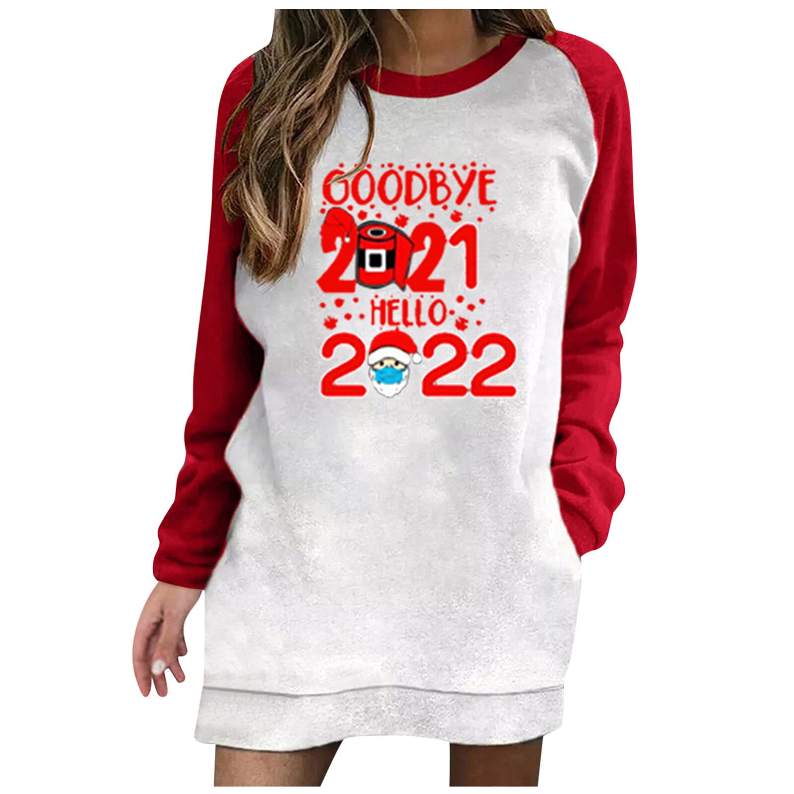 Twoker Women's Christmas Print Contrast Color Long Sleeve Pocket Sweatshirt Dress - Cozy O-Neck Pullover for Fall & Winter, Holiday Party Outfit, Casual Daily Wear