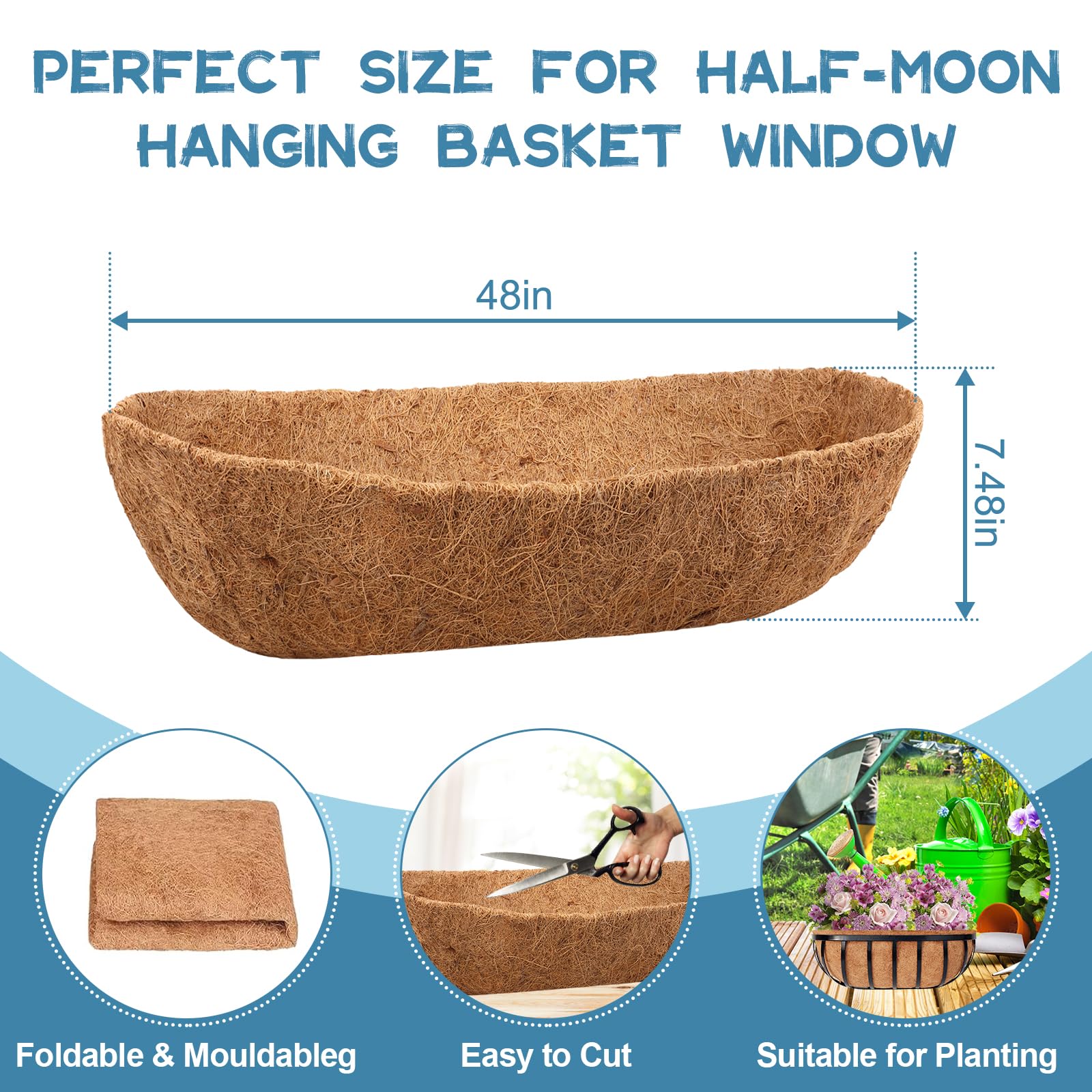 Riare 2 Pack 48 Inch Trough Coco Coir Liners for Planters - Natural Coconut Fiber Replacement Liners for Window Box, Wall Planter & Deck Railing Planters | Eco-Friendly, Pre-Formed & Durable for Indoor/Outdoor Gardening