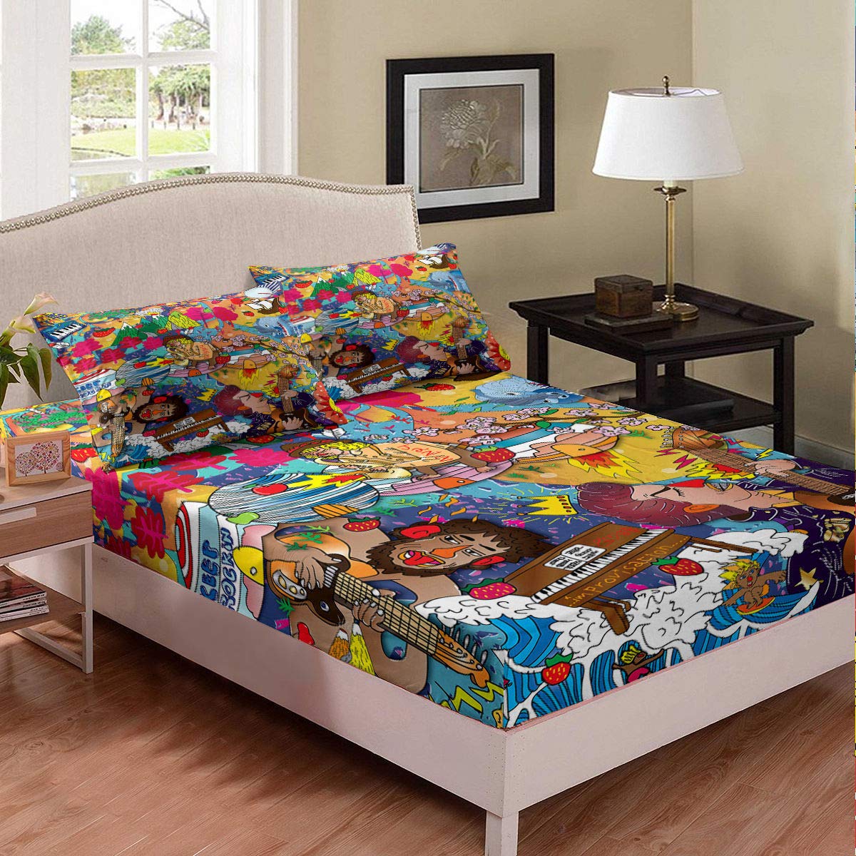 Colorful Graffiti Hip-Hop Bedding Set - Twin XL Abstract Street Culture Sheets with Deep Pockets (1 Fitted Sheet + 2 Pillowcases) - Perfect for Urban Teen Rooms, Dorm Decor & Hipster Bedrooms