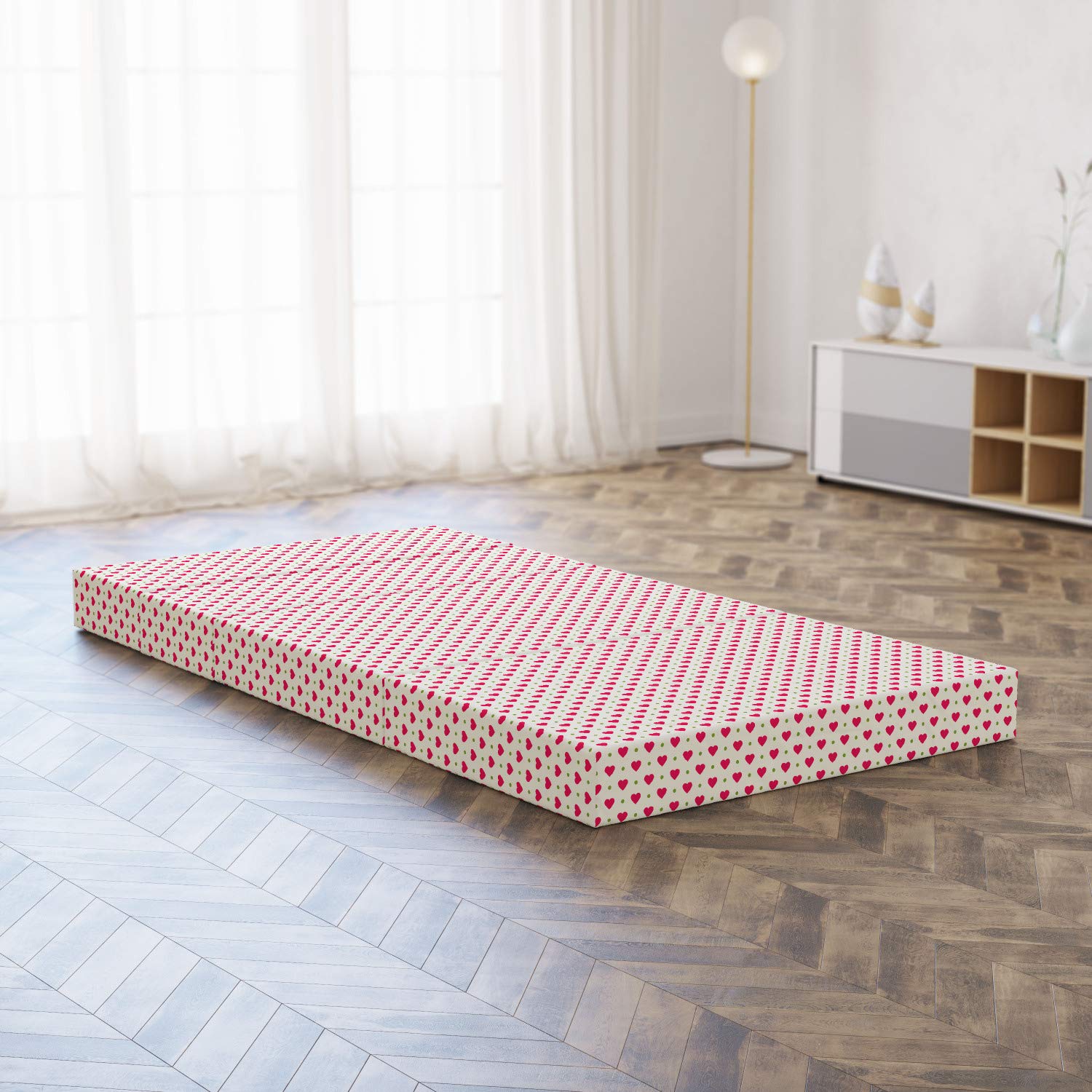 Ambesonne Valentine's Day Foldable Mattress - Romantic Heart Dots Design, 74.8 x 39.4 Inches, Eggshell Magenta & Green - Perfect for Guest Beds, Sleepovers & Dorm Rooms
