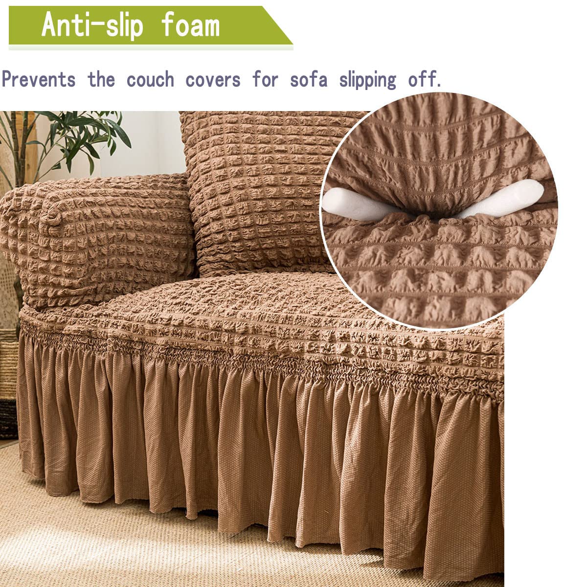 Qubjus Stretch Sofa Slipcover - Washable Couch Cover for Sofa & Bed - Elastic Bottom & Skirt Furniture Protector (Brown, XL) - Perfect for Living Room, Family Room & Guest House Decor