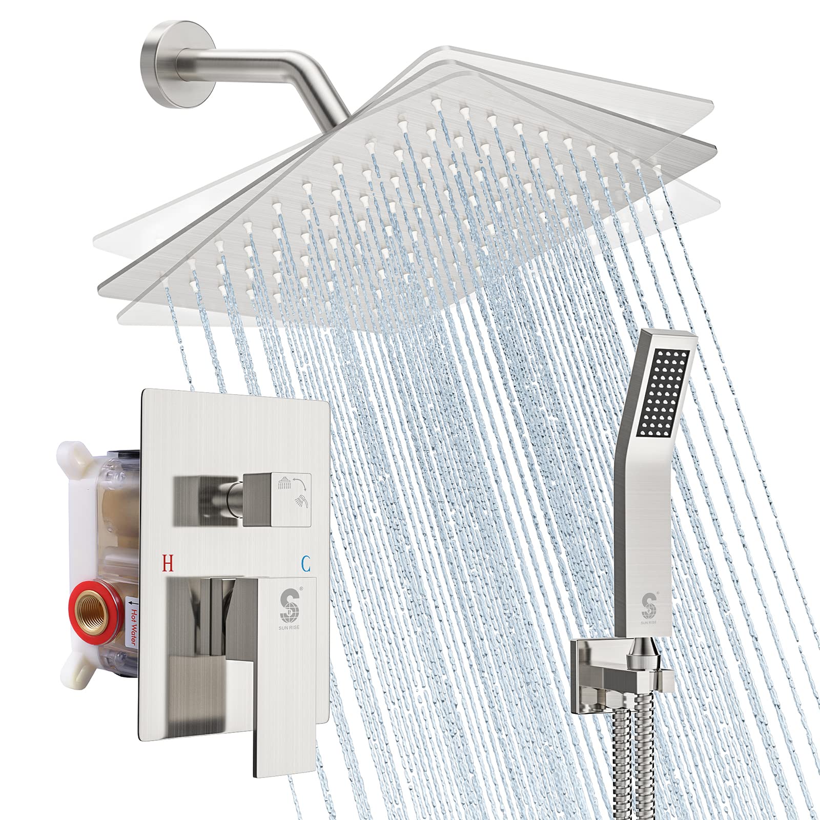 SR SUN RISE 8-Inch Rainfall Shower System Set - Wall Mounted Brushed Nickel Shower Faucet with Handheld Spray & Rough-In Valve - Complete Bathroom Shower Kit for Luxury Spa Experience at Home