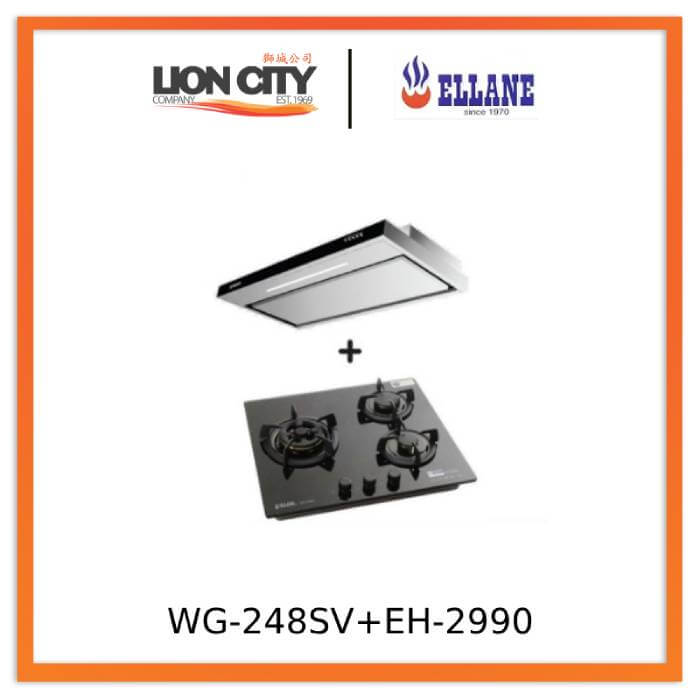 Ellane EH 2990 90cm Stainless Steel Slimline Range Hood & WG 248SV 3-Burner Glass Cooktop with Safety Device - Modern Kitchen Ventilation & Cooking Solution for Home Chefs