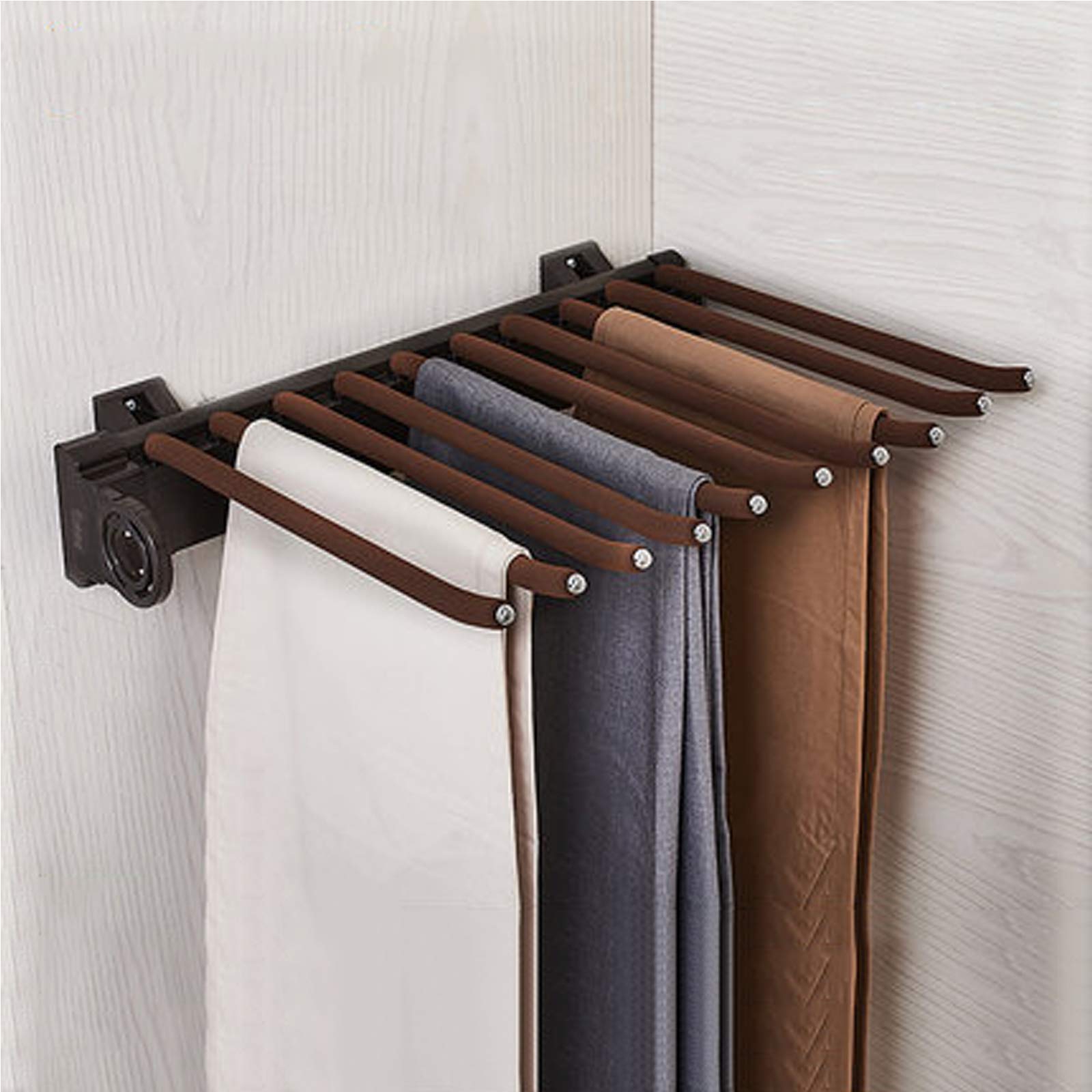 10-Arm Pull Out Pants Rack - Heavy Duty Trousers Hanger Bar with 88lbs Capacity (18.2x12.4in, Brown) - Space Saving Closet Organizer for Bedroom, Walk-in Closet & Laundry Room Storage