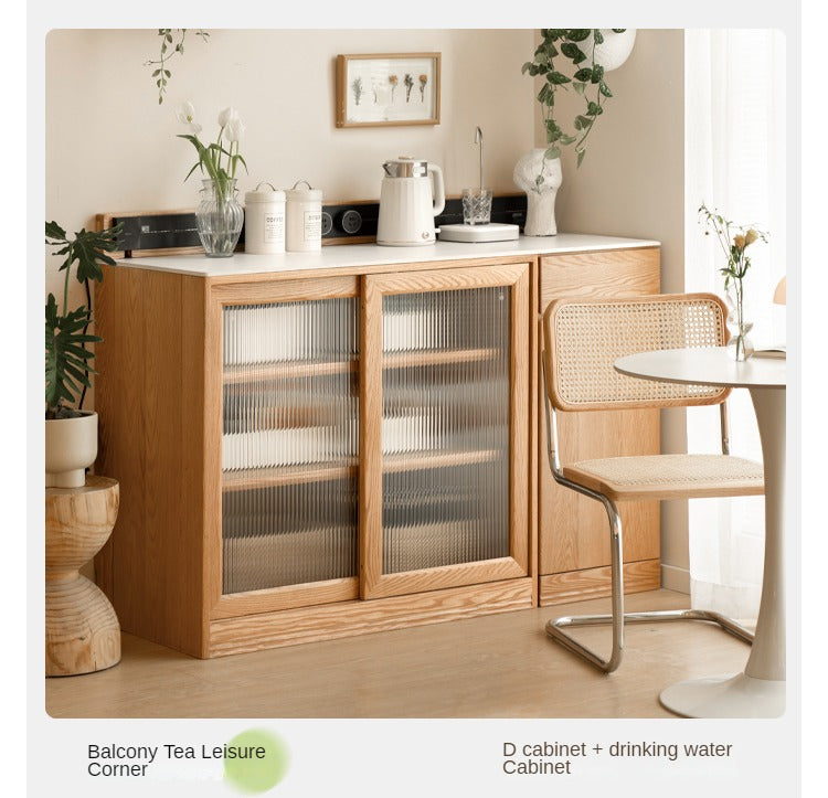 Solid Oak Wood Sideboard Buffet Cabinet - Multi-Functional Storage Locker with Drawers & Shelves for Dining Room, Living Room, and Entryway Organization