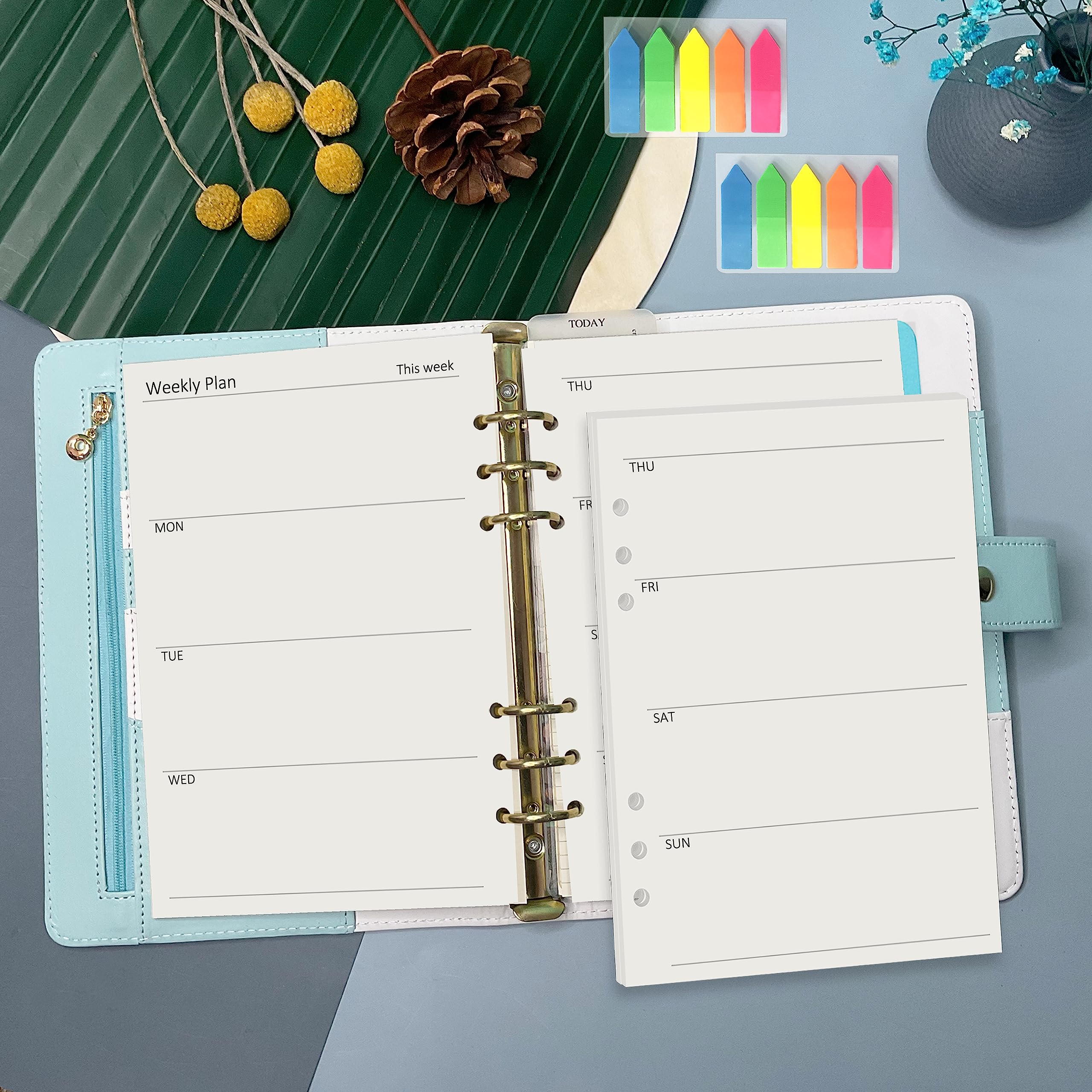 Harphia A5 6-Hole Binder Refill Set - 90 Sheets Weekly Planner Paper with Stickers & Dividers | Hole-Punched Refillable Notebook Inserts for A5 Binders | Perfect for Office, School, and Personal Organization