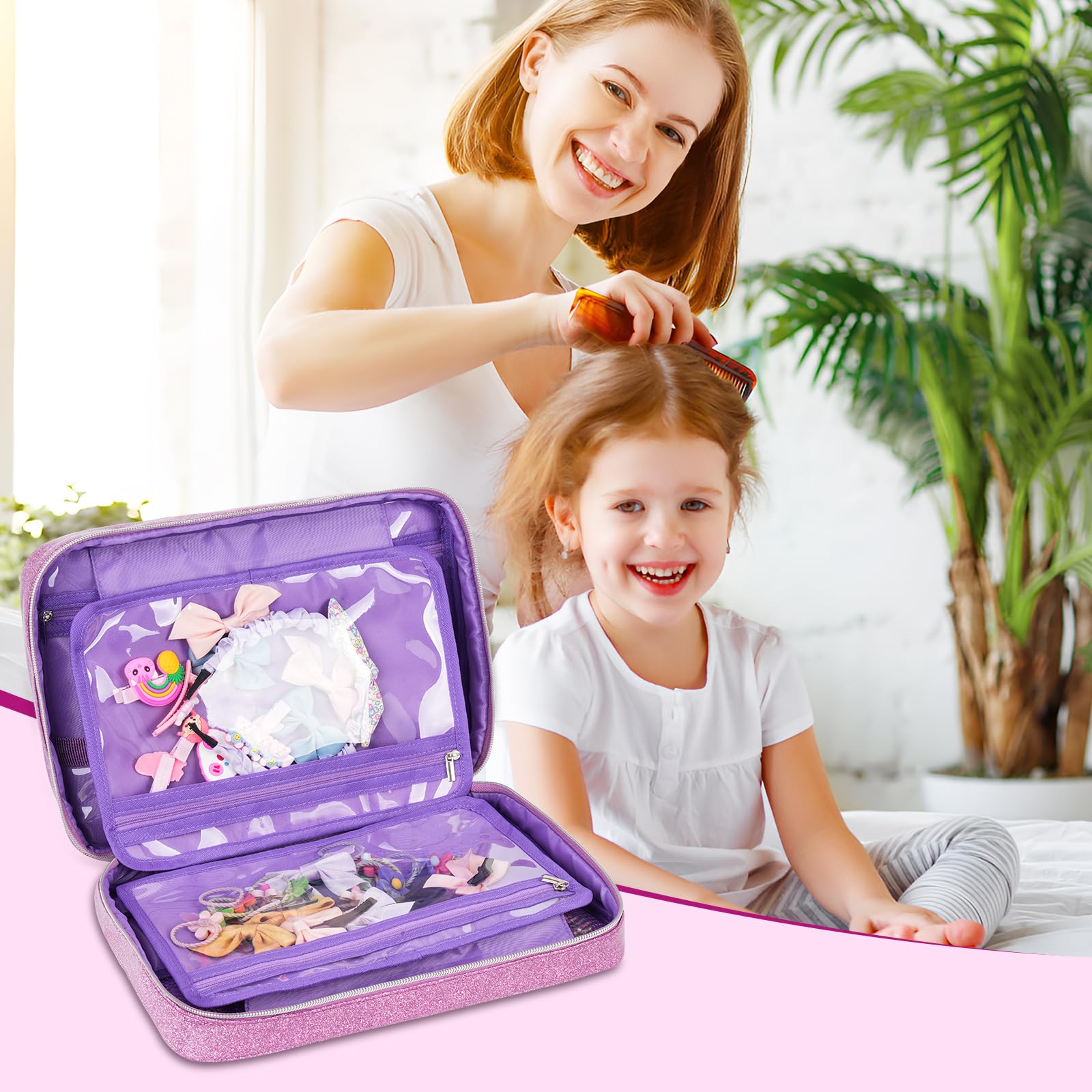 Shiny Bow Holder & Hair Accessories Organizer for Baby Girls - Travel Storage Bag for Hair Clips, Headbands, Scrunchies & Hair Ties (Purple) - Perfect for Home, Travel & School Organization