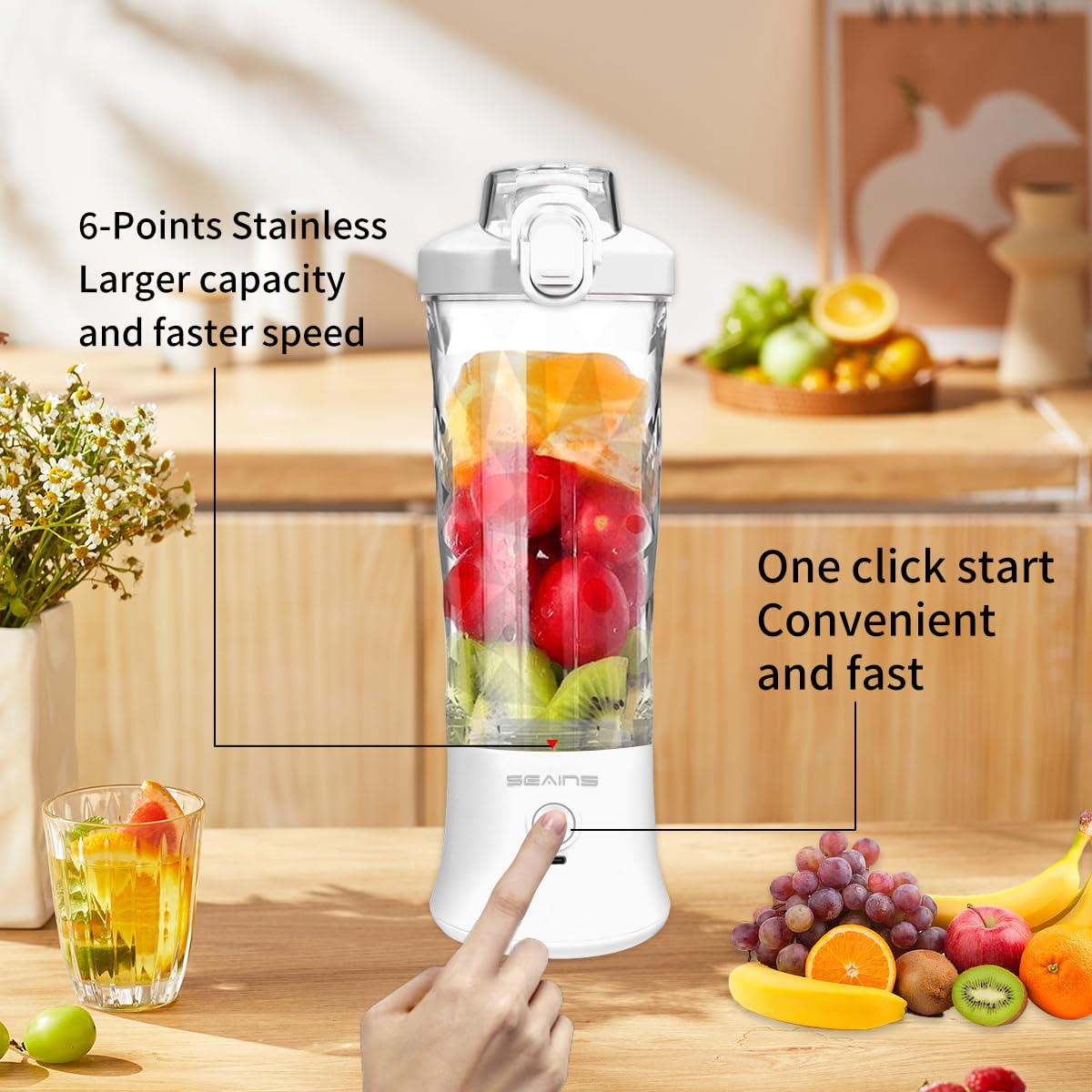 Portable USB Rechargeable Personal Blender - 20oz Travel Cup with Lid, 6 Blades Mini Blender for Smoothies, Protein Shakes & Juices | Perfect for Gym, Kitchen, Camping & Outdoor Activities (White)