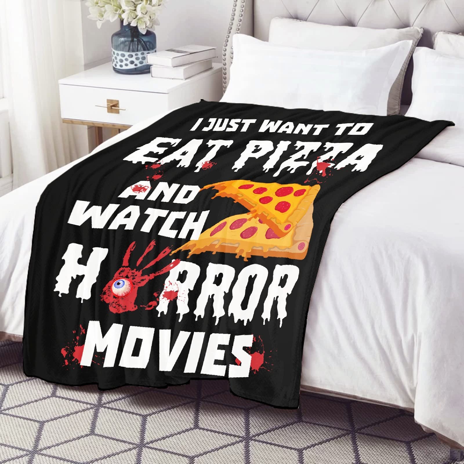 Soft Flannel Plush Throw Blanket for Pizza & Horror Movie Lovers - Lightweight Air Conditioner Quilt for Women & Men - Extra Large 120x90 Inches - Perfect for Couch, Bed, Sofa, Movie Nights & Family Snuggles