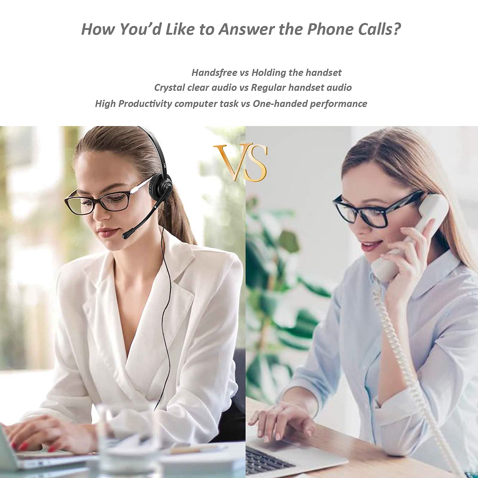 MKJ RJ9 Telephone Headset with Noise Canceling Microphone - Compatible with Panasonic KX-HDV130, Yealink T19P/T21P/T28P/T32G/T42G/T46G, Snom & GXP2170 Office Phones - Ideal for Call Centers & Business Communications