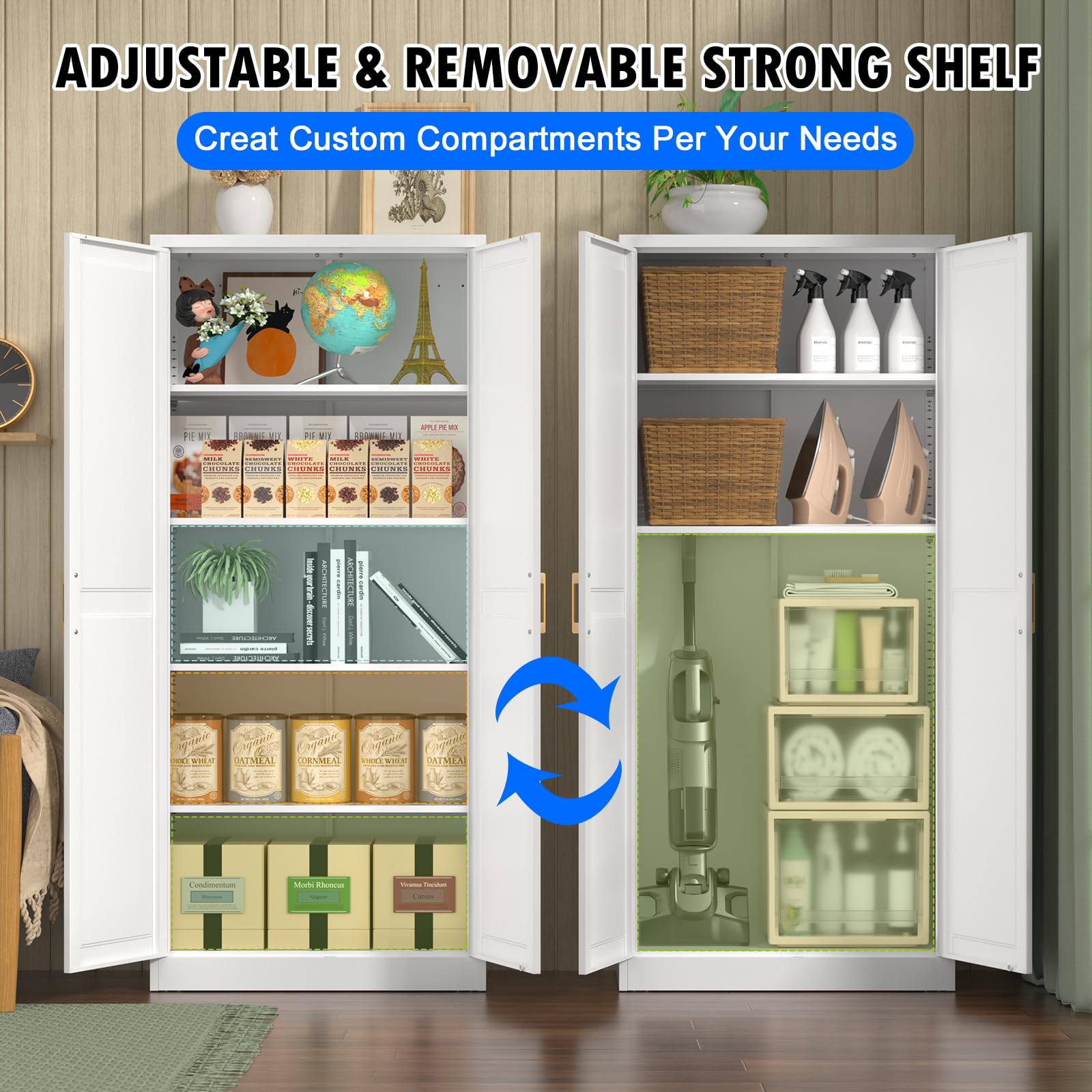 White Kitchen Pantry Cabinet with Adjustable Shelves & Doors - 71