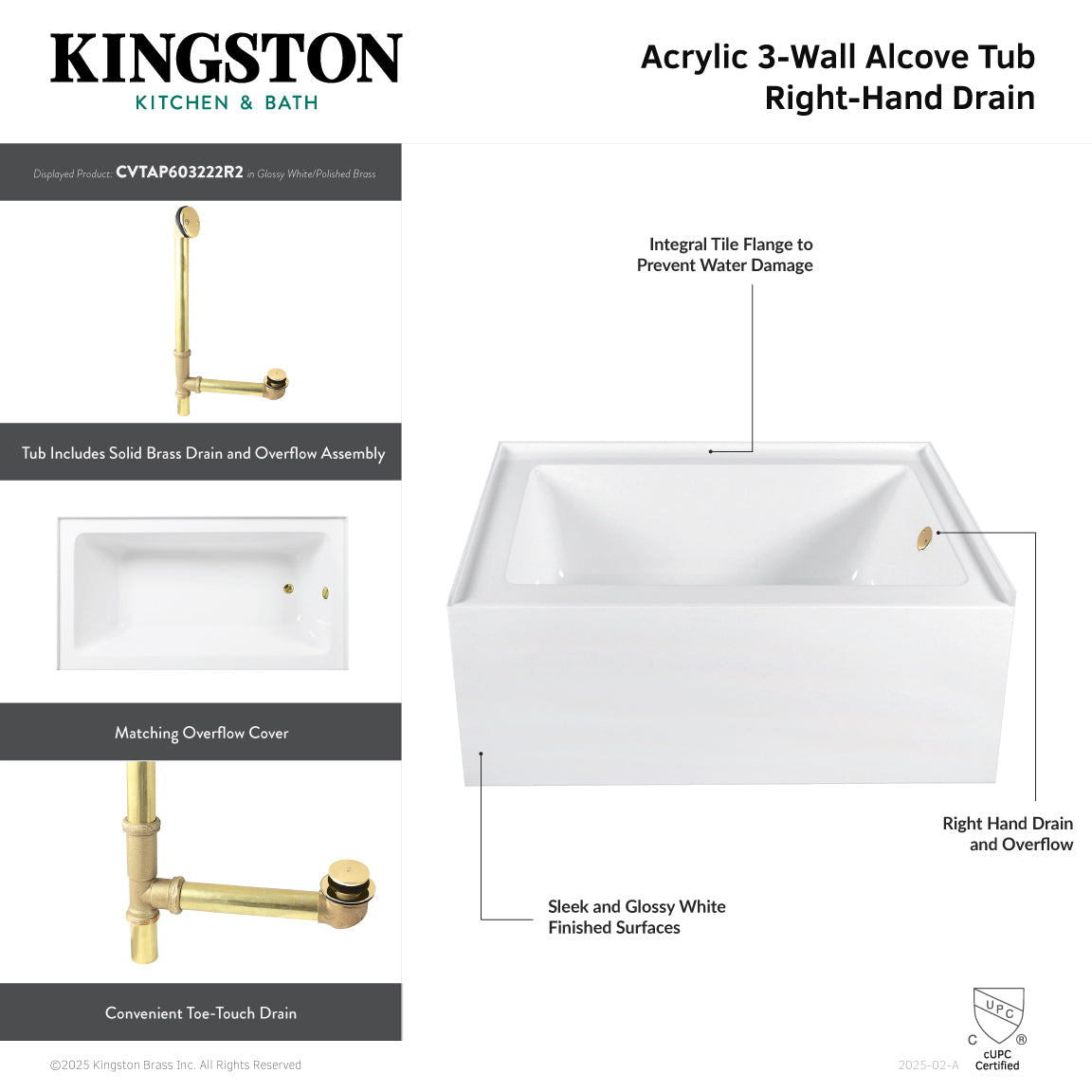 Aqua Eden 60 Inch Acrylic Rectangular 3-Wall Alcove Bathtub Combo with Waste & Overflow Drain - Right Hand Drain - Glossy White/Matte Black - Perfect for Modern Bathroom Renovations & Spa-Like Retreats