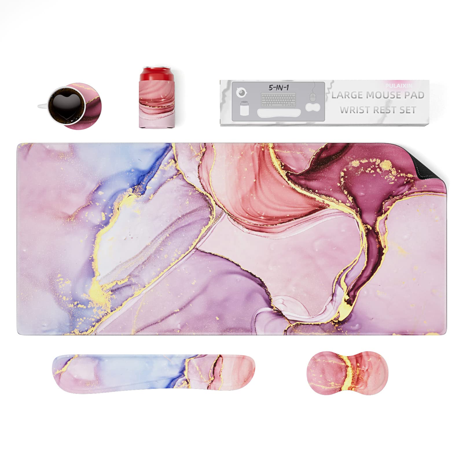 PULAIXIN 5-in-1 Ergonomic Keyboard and Mouse Pad Set with Wrist Support - Extra Large 34.5x15.7 Inch Gaming Mouse Pad & Keyboard Wrist Rest - Pink Marble Design for PC, Office, and Gaming Setup