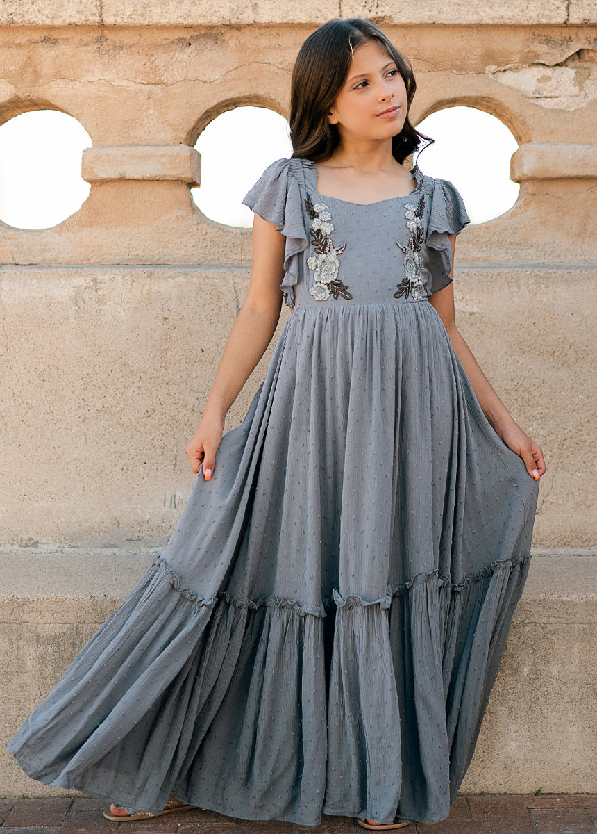 Dewi Women's Dusty Blue Flowy Midi Dress - Elegant Casual & Party Wear for Summer, Weddings, and Special Occasions